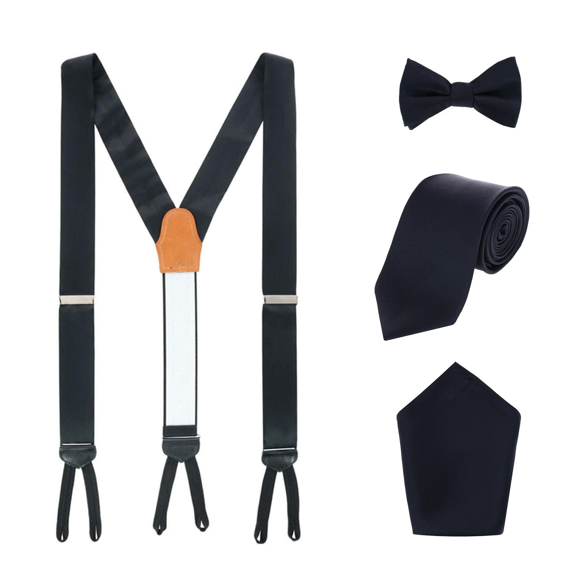 Trafalgar Sutton Solid Color Silk Brace Bow Tie Necktie and Pocket Square Set - Black one size