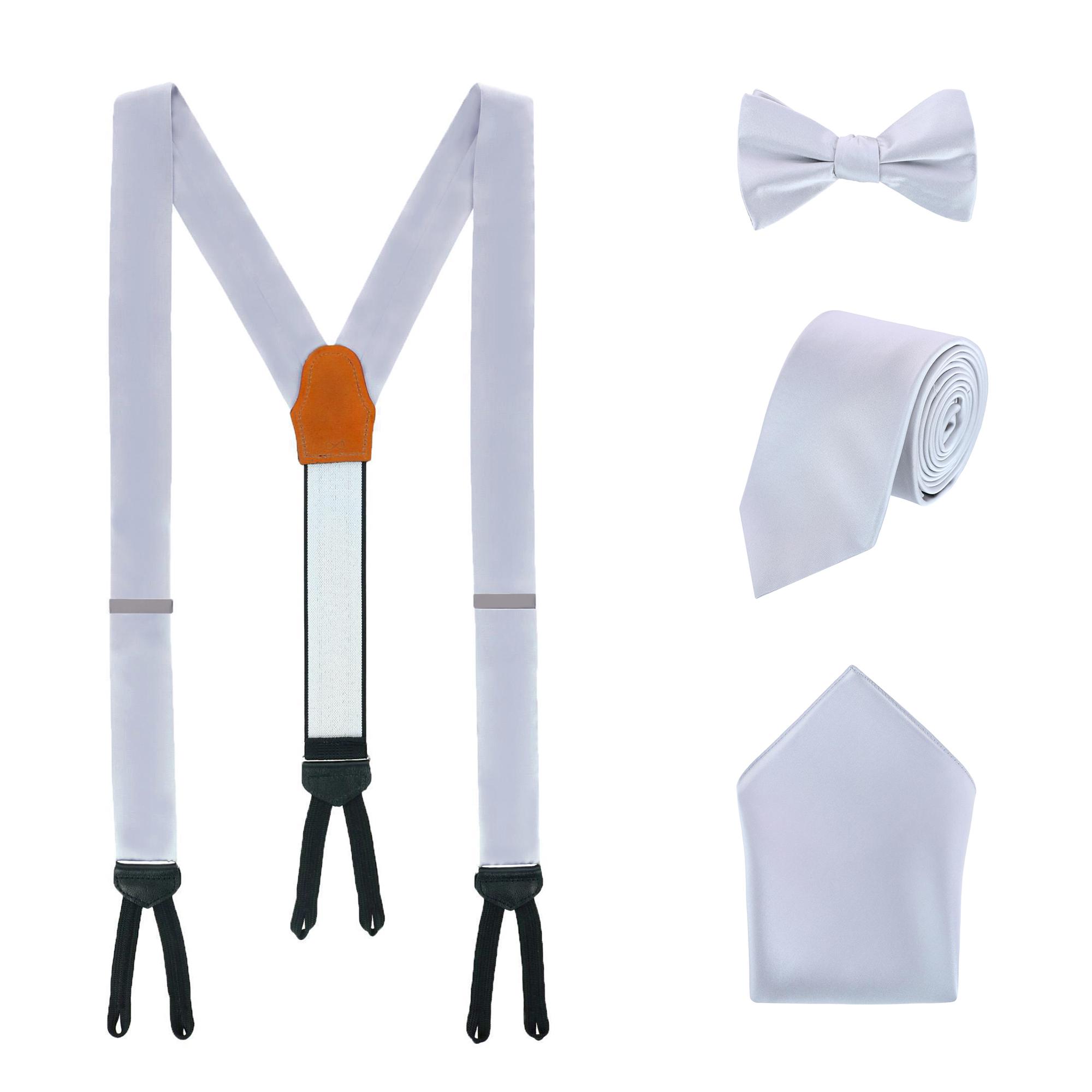 Trafalgar Sutton Solid Color Silk Brace Bow Tie Necktie and Pocket Square Set - Silver one size