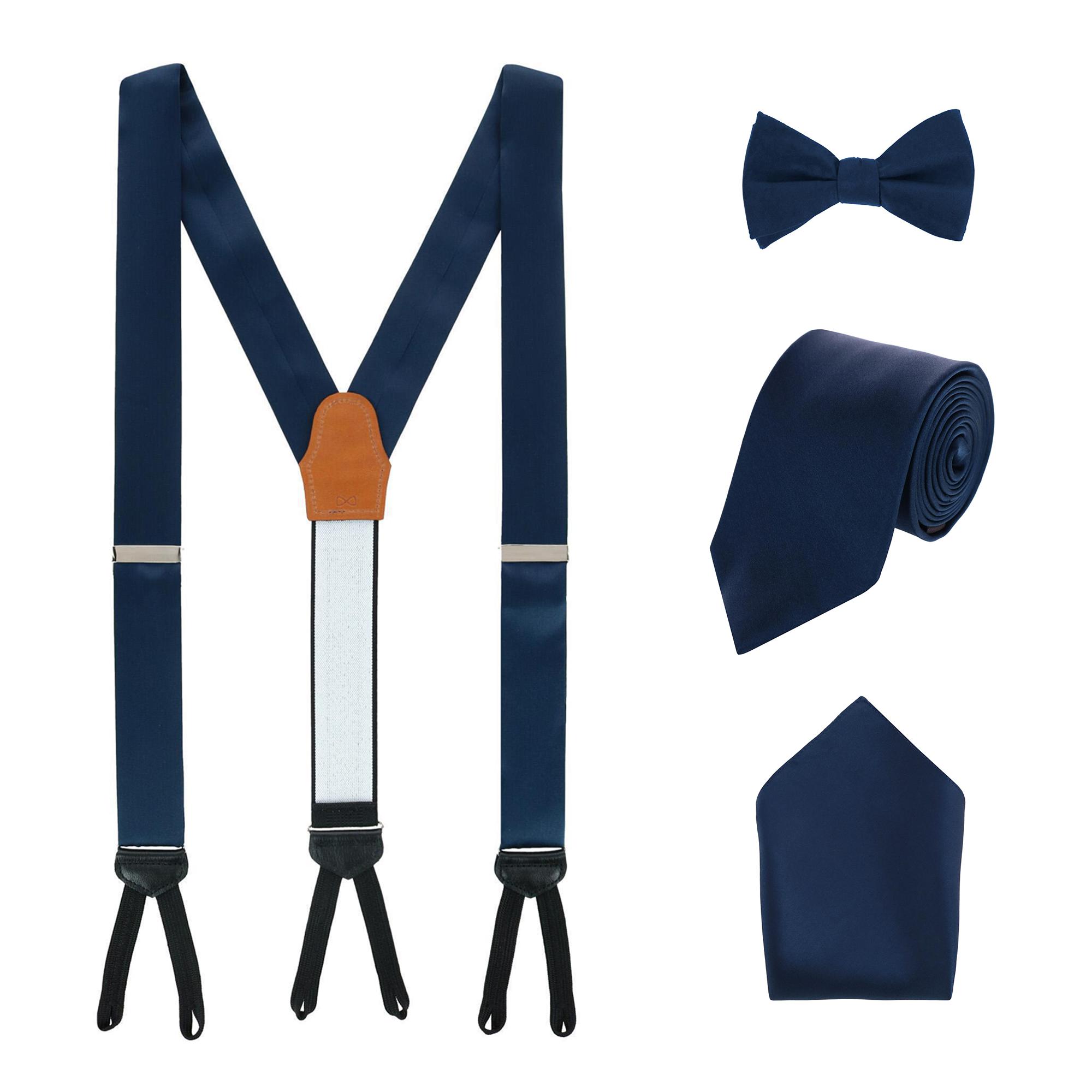 Trafalgar Sutton Solid Color Silk Brace Bow Tie Necktie and Pocket Square Set - Navy one size
