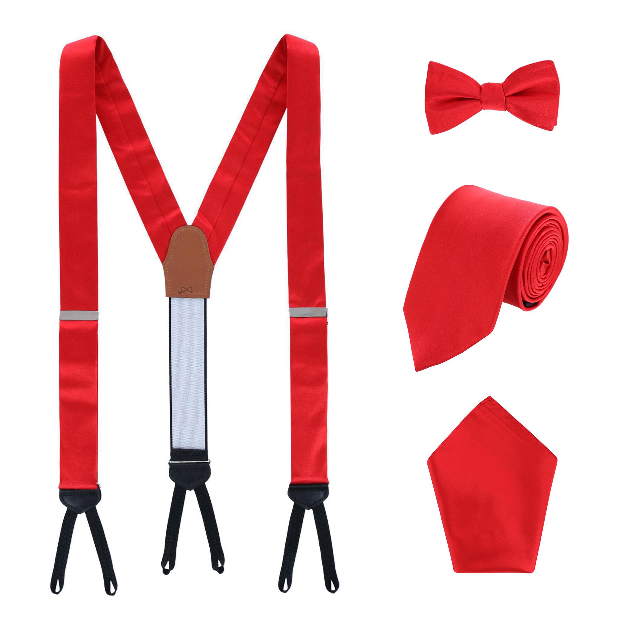Trafalgar Sutton Solid Color Silk Brace Bow Tie Necktie and Pocket Square Set - Red one size