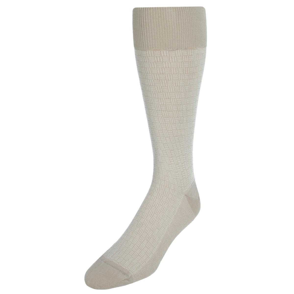 Trafalgar Horatio Cross Hatch Design Mid-Calf Mercerized Cotton Socks - Tan with White one size