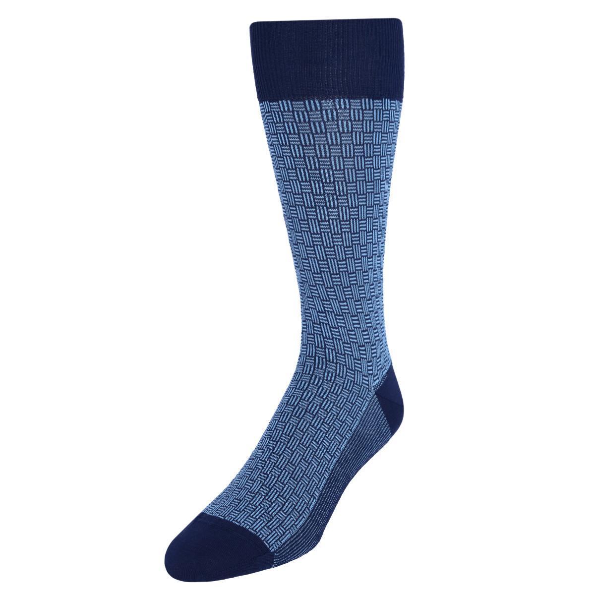 Trafalgar Horatio Cross Hatch Design Mid-Calf Mercerized Cotton Socks - Classic Navy with Sky Blue Hatch Cross one size