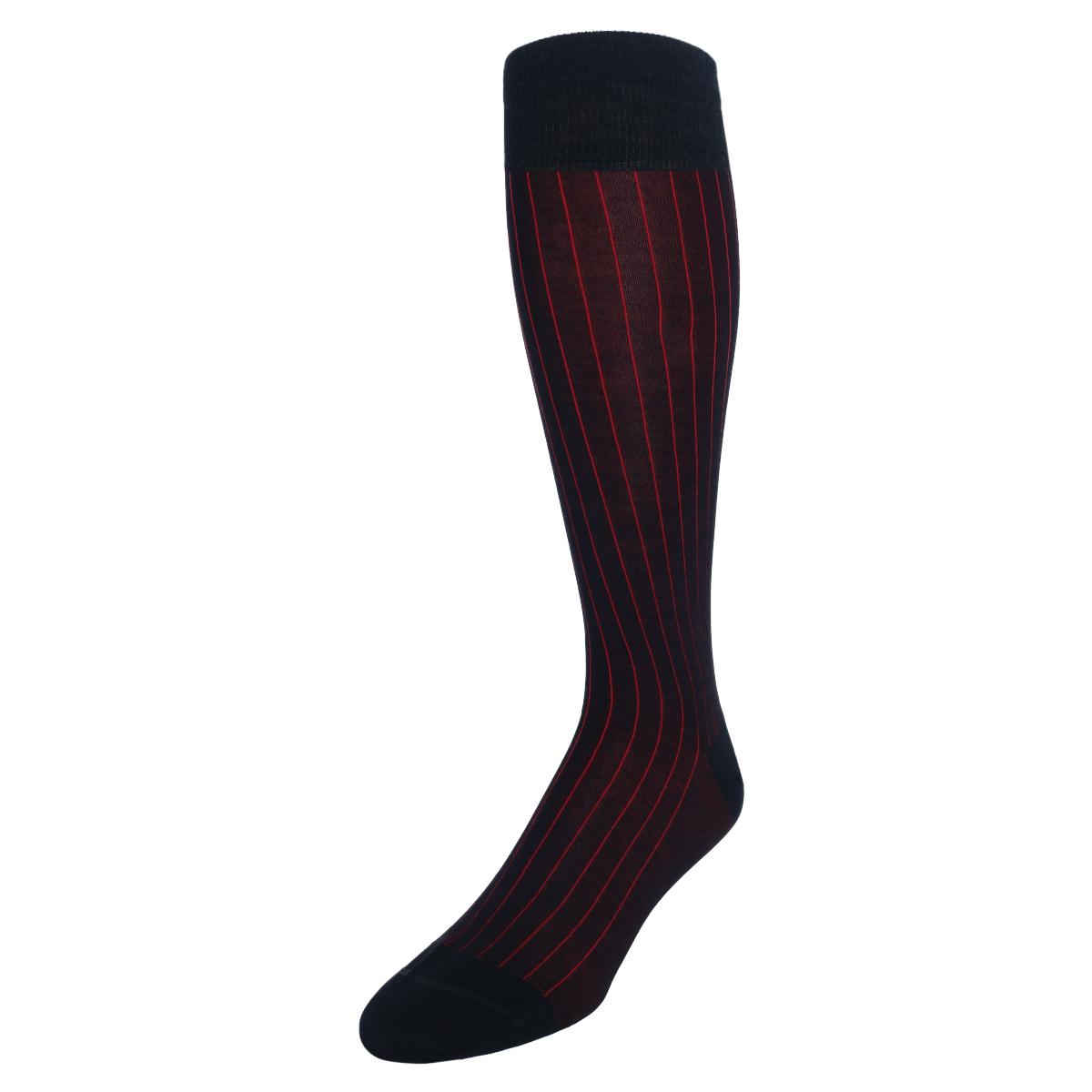 Trafalgar Valentino Vertical Stripe Over the Calf Mercerized Cotton Sock - Black with Red Stripes one size
