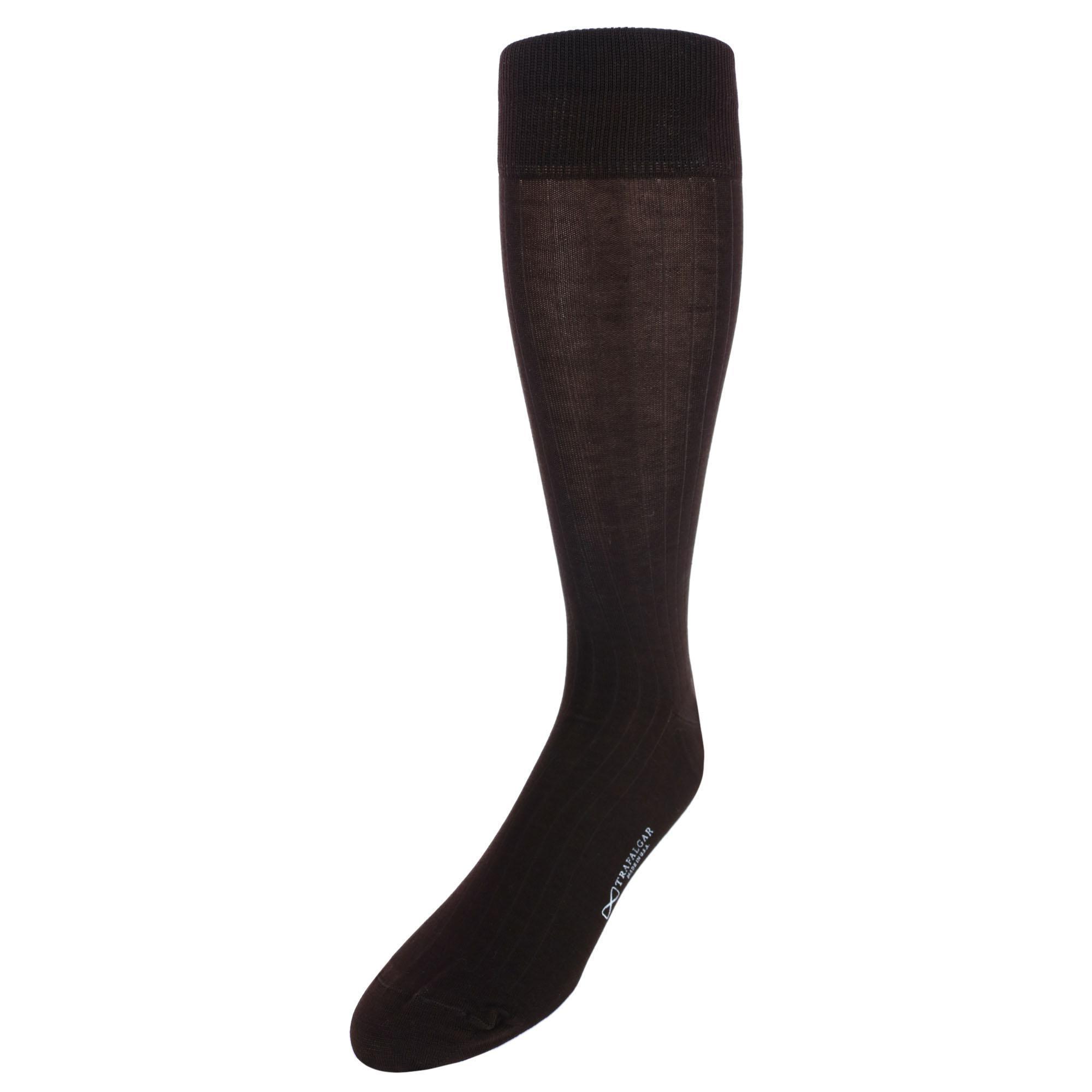 Trafalgar Jasper Mercerized Cotton Ribbed Mid-Calf Solid Color Socks - Coffee Brown one size