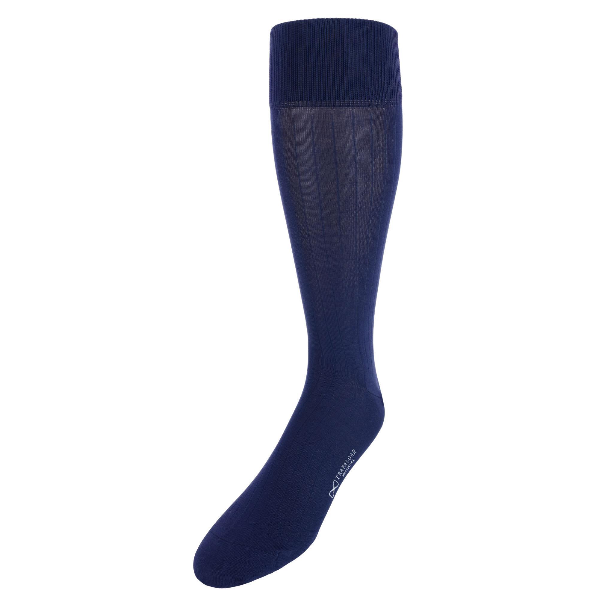 Trafalgar Jasper Mercerized Cotton Ribbed Mid-Calf Solid Color Socks - Classic Navy one size