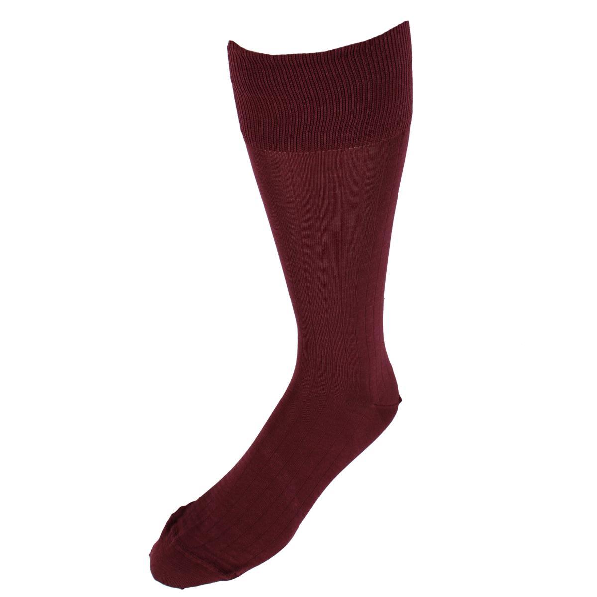 Trafalgar Jasper Mercerized Cotton Ribbed Mid-Calf Solid Color Socks - Burgundy one size