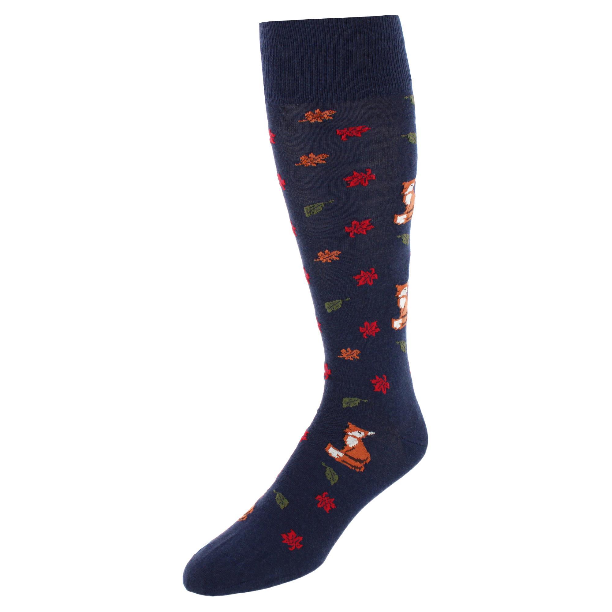 Trafalgar Foxy Fall Leaf Motif Novelty Merino Wool Mid Calf Socks (1 Pair) - Navy one size