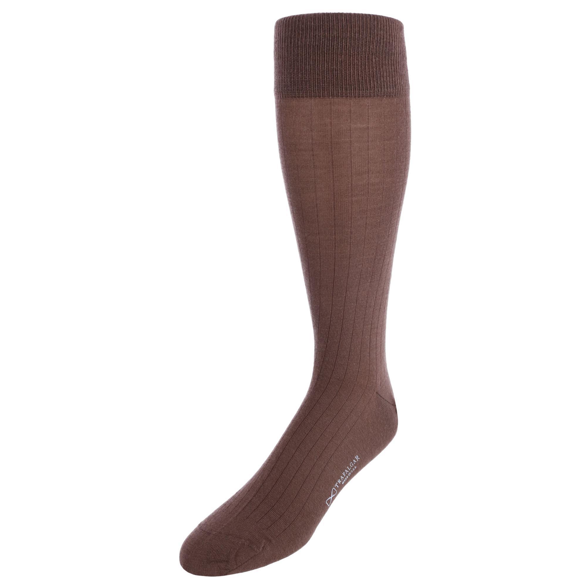 Trafalgar Sutton Fine Merino Wool Solid Color Ribbed Socks - Brown one size