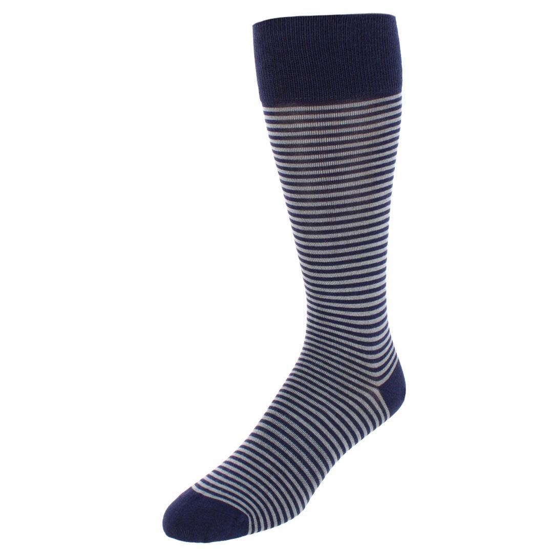 Trafalgar Carvel Striped Pattern Mid-Calf Pima Cotton Socks (1 Pair) - Navy Blue and Grey Stripes one size