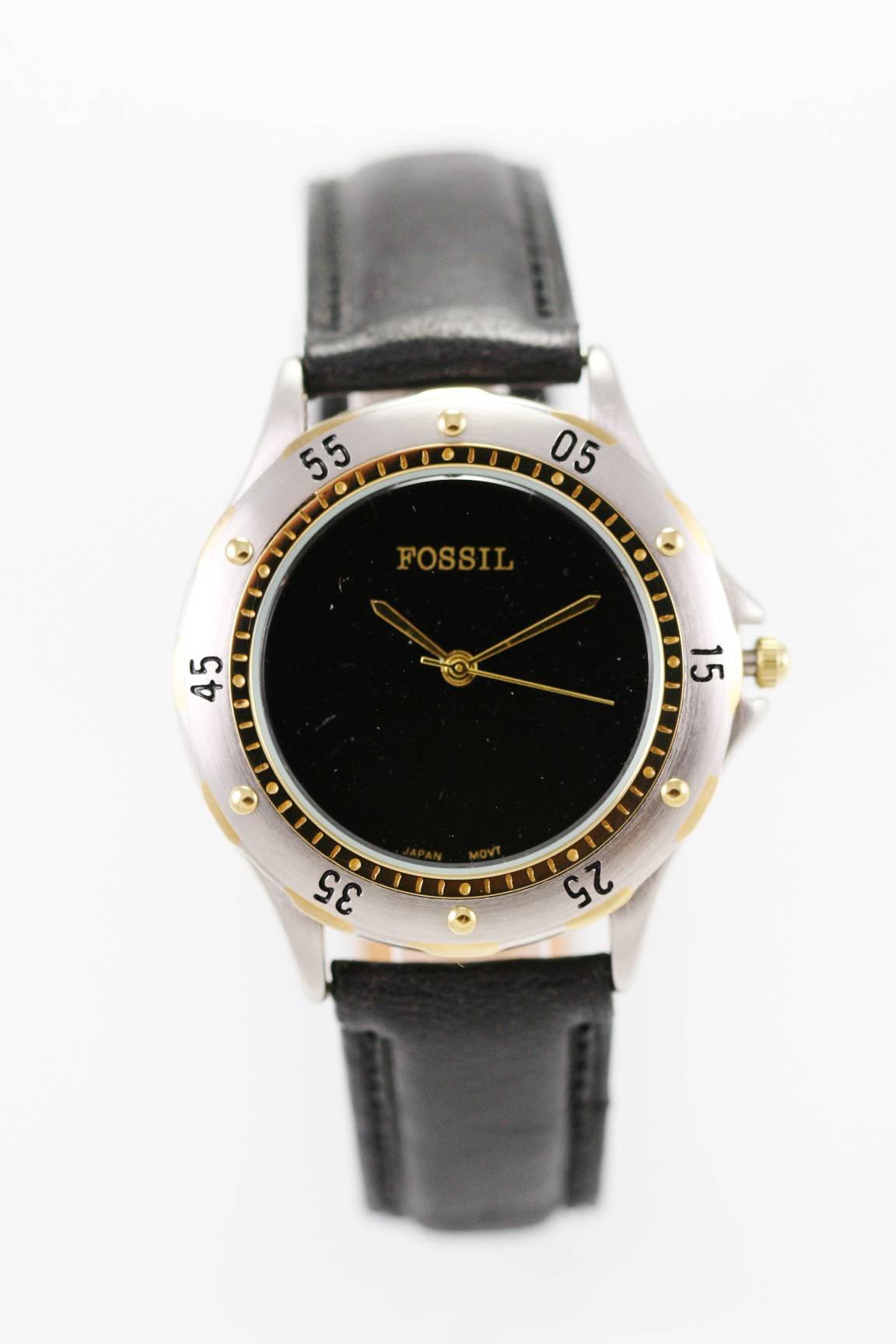 Fossil Watch Mens Battery Stainless Steel Silver Gold 50m Black Leather