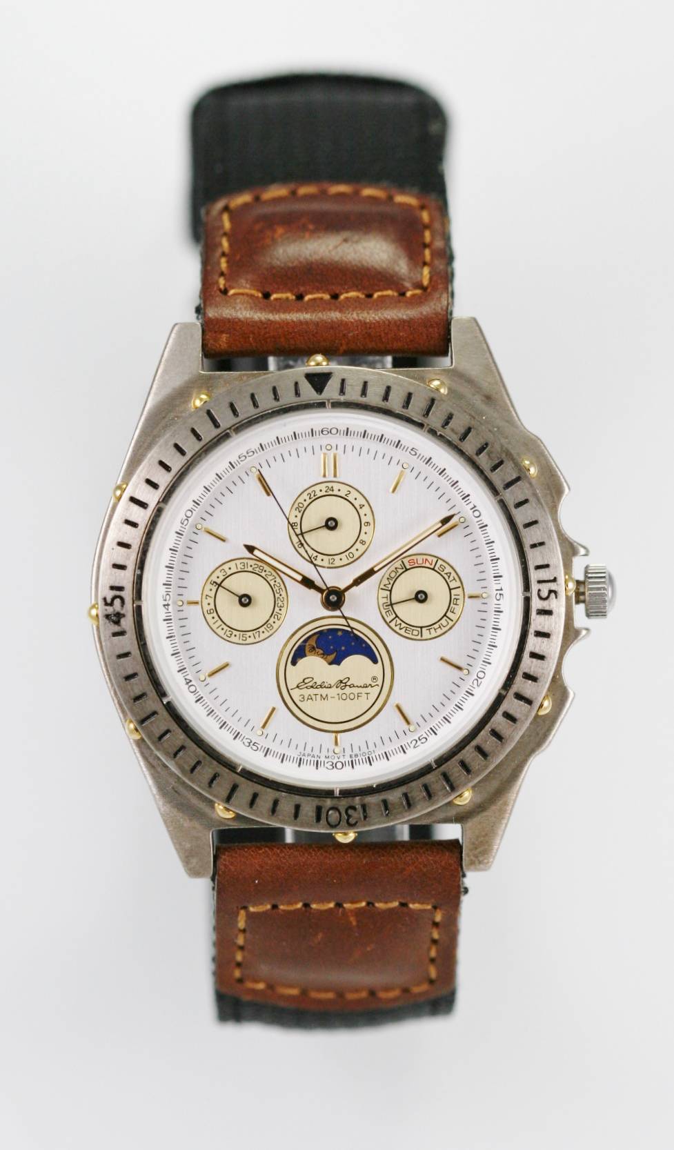 Eddie Bauer Watch Mens Moon Date White Stainless Silver Gold