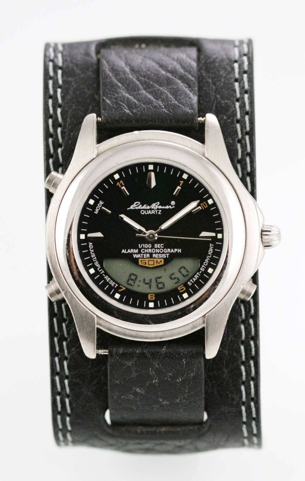 Eddie Bauer Watch Mens Chrono Alarm Date Stainless Silver Black Leathe