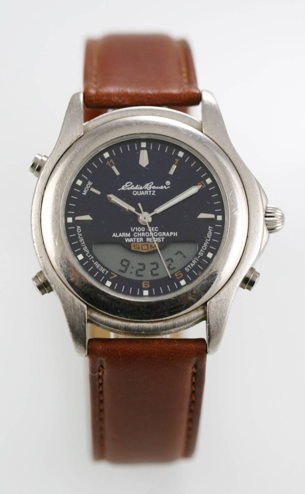 Eddie Bauer Watch Men Date Chron Alarm Brown Leather Stainless Silver