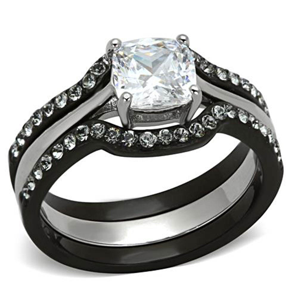WOMEN'S WEDDING RING Set Black Stainless Steel Cushion Cut Cubic