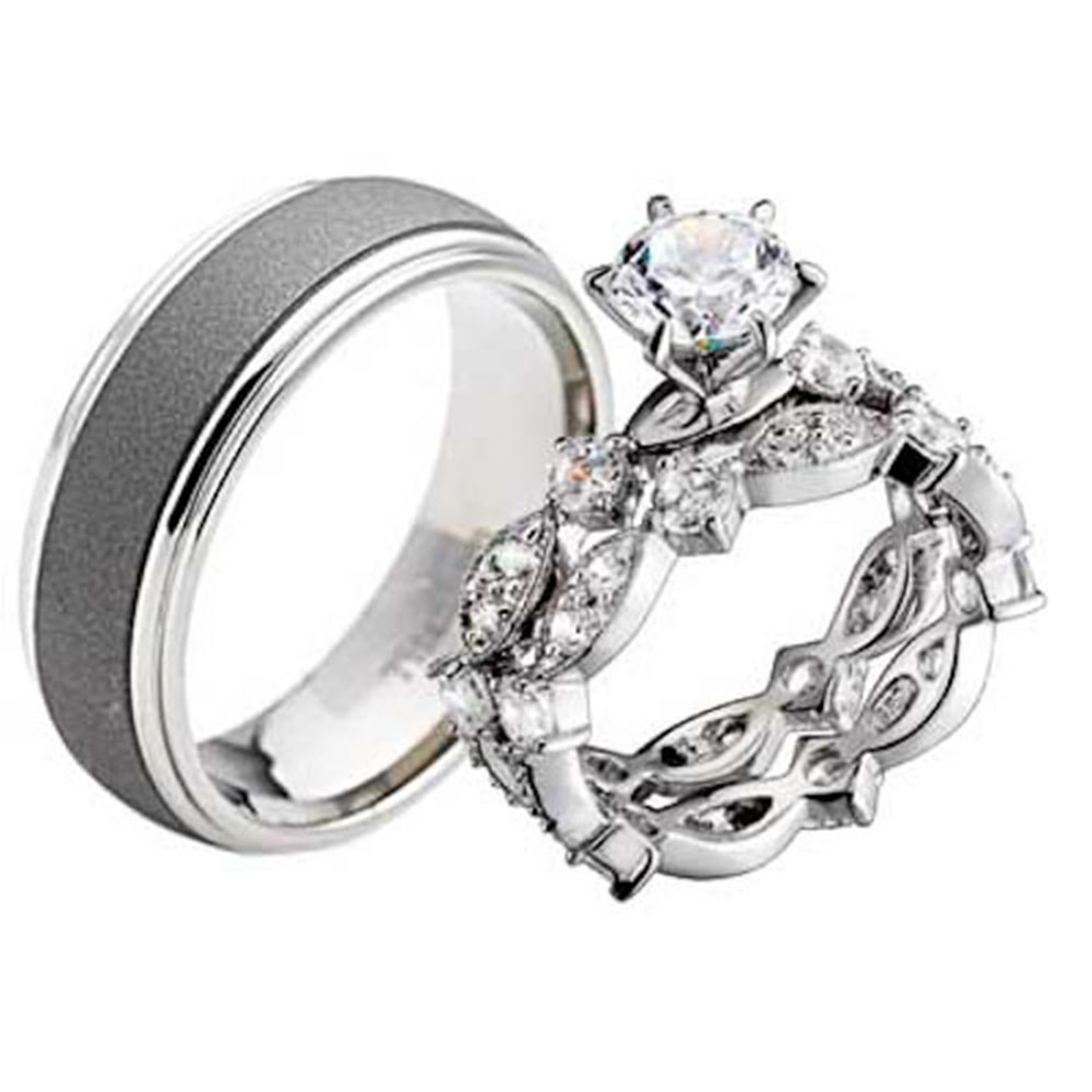 His and Hers Wedding Rings 3 pcs Engagement CZ Sterling