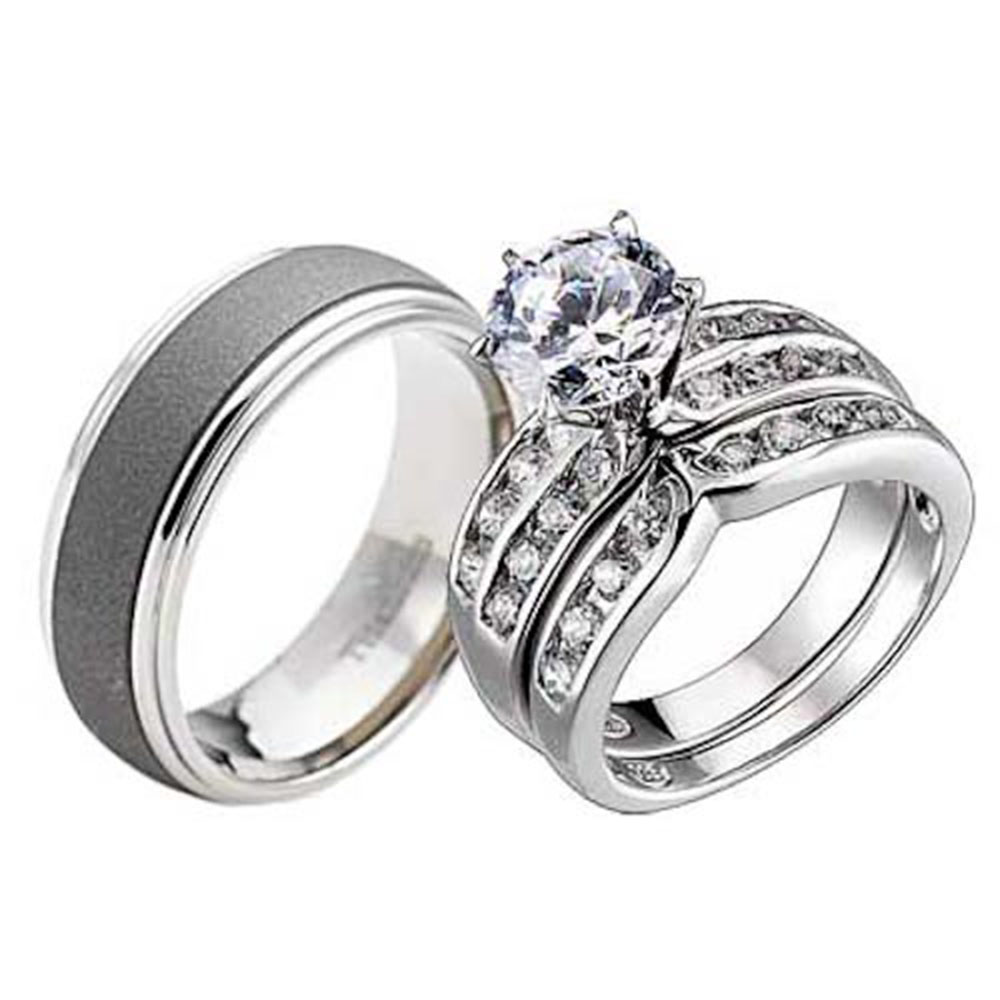 His and Hers Wedding Rings 3 pcs Engagement CZ Sterling