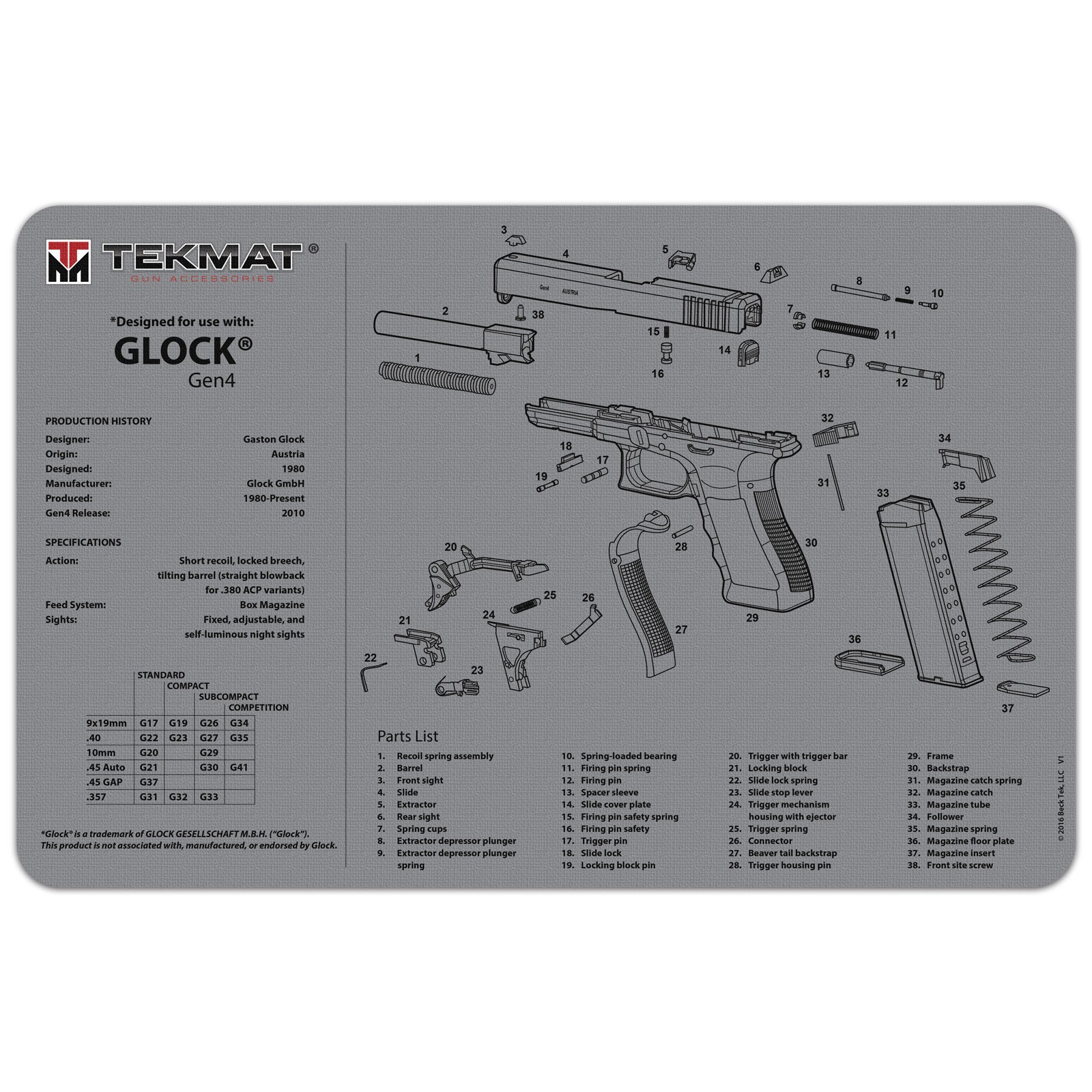 tekmat glock gen 4 grey gun cleaning mat