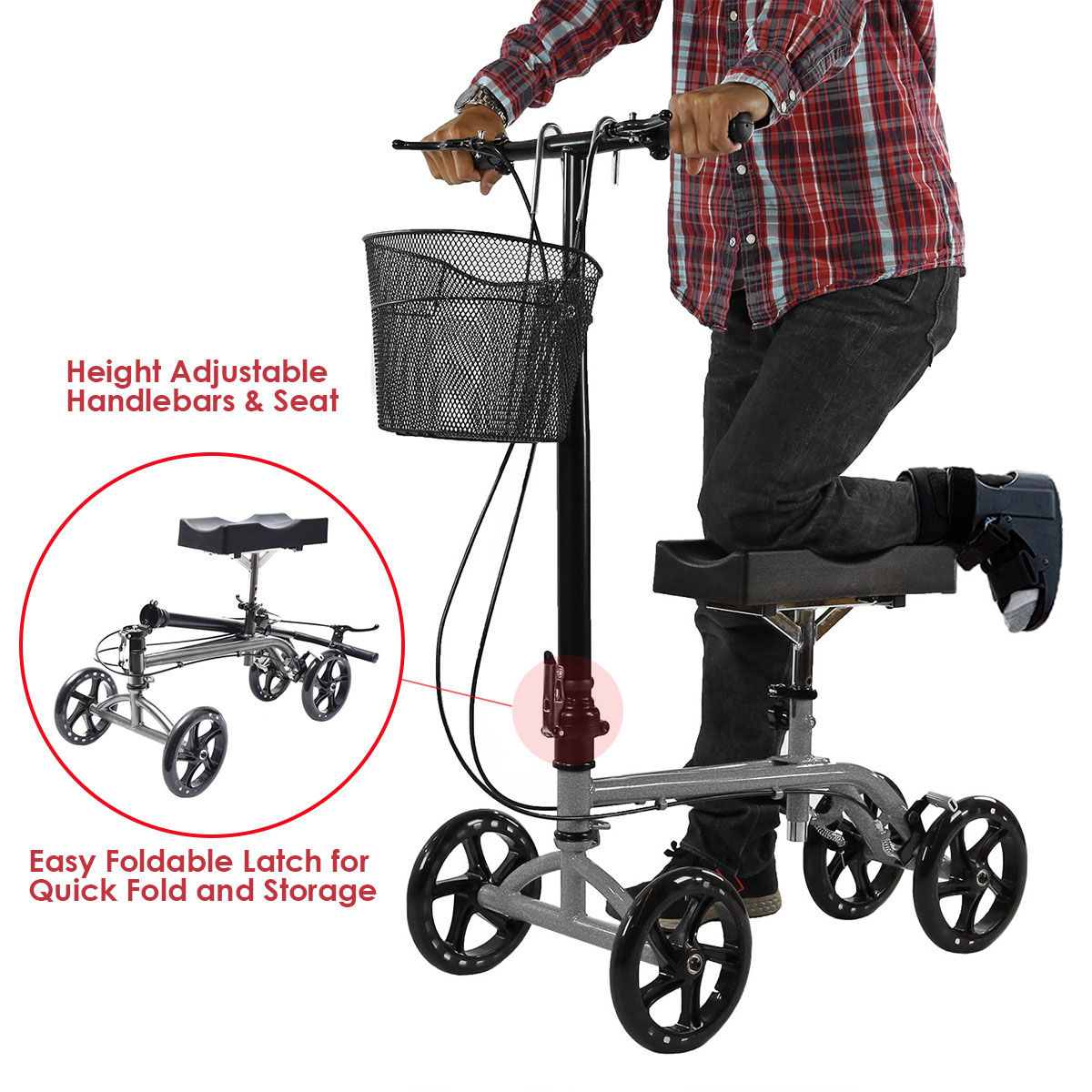 Foldable Medical Steerable Knee Walker Aid Scooter Crutch Roller Silver