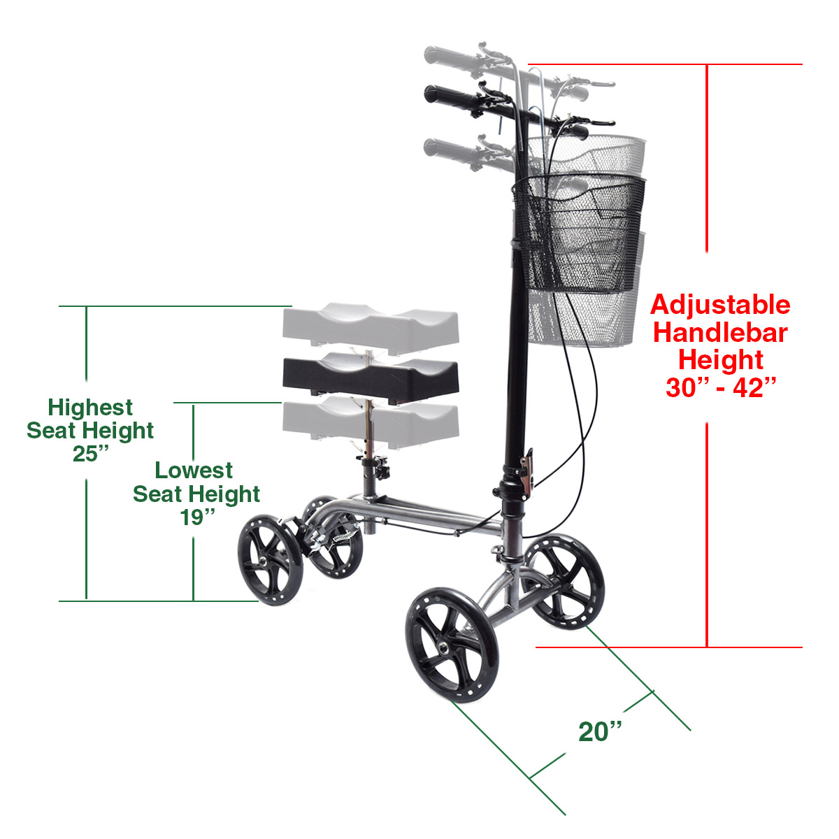 Foldable Medical Steerable Knee Walker Aid Scooter Crutch Roller Silver