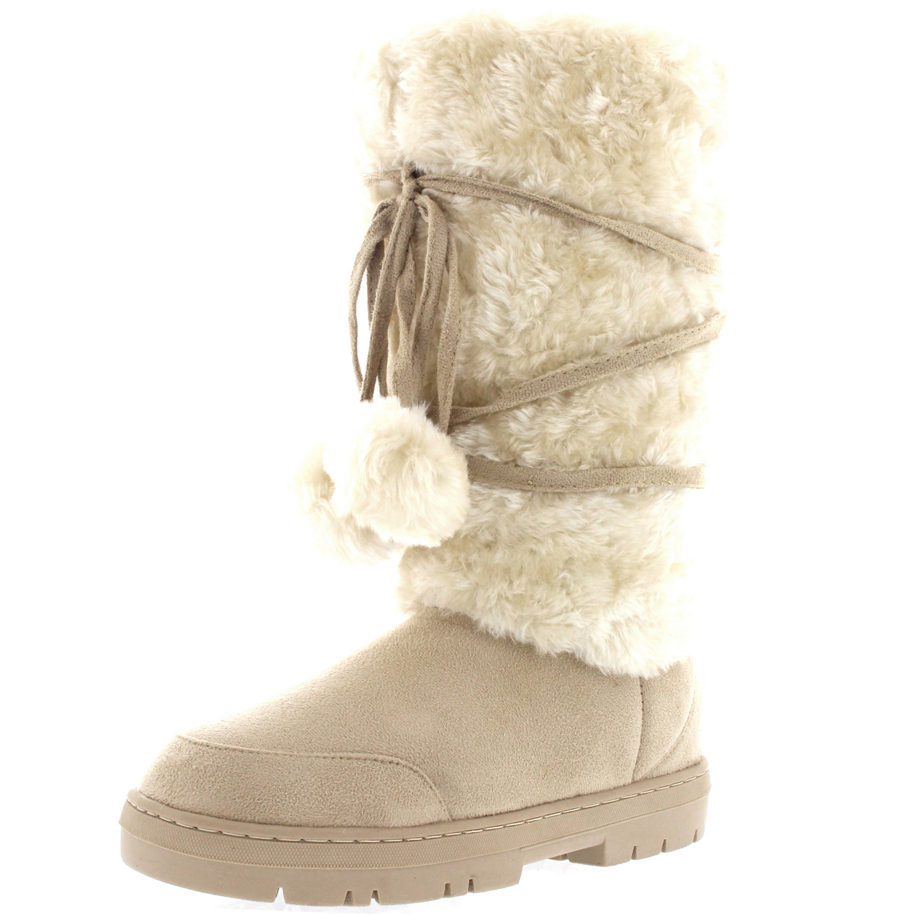 Ladies Pom Pom Tall Fur Lined Rain Snow Winter Warm Knee High Boots All ...