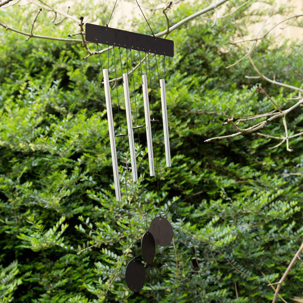 Outdoor Garden Hanging Wind Chime Modern Flat Metal Chrome & Black