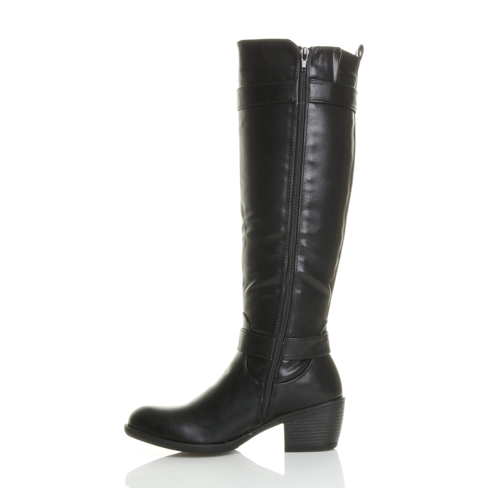 WOMENS LADIES MID BLOCK HEEL ZIP BUCKLE STRAP BIKER CALF KNEE BOOTS SIZE
