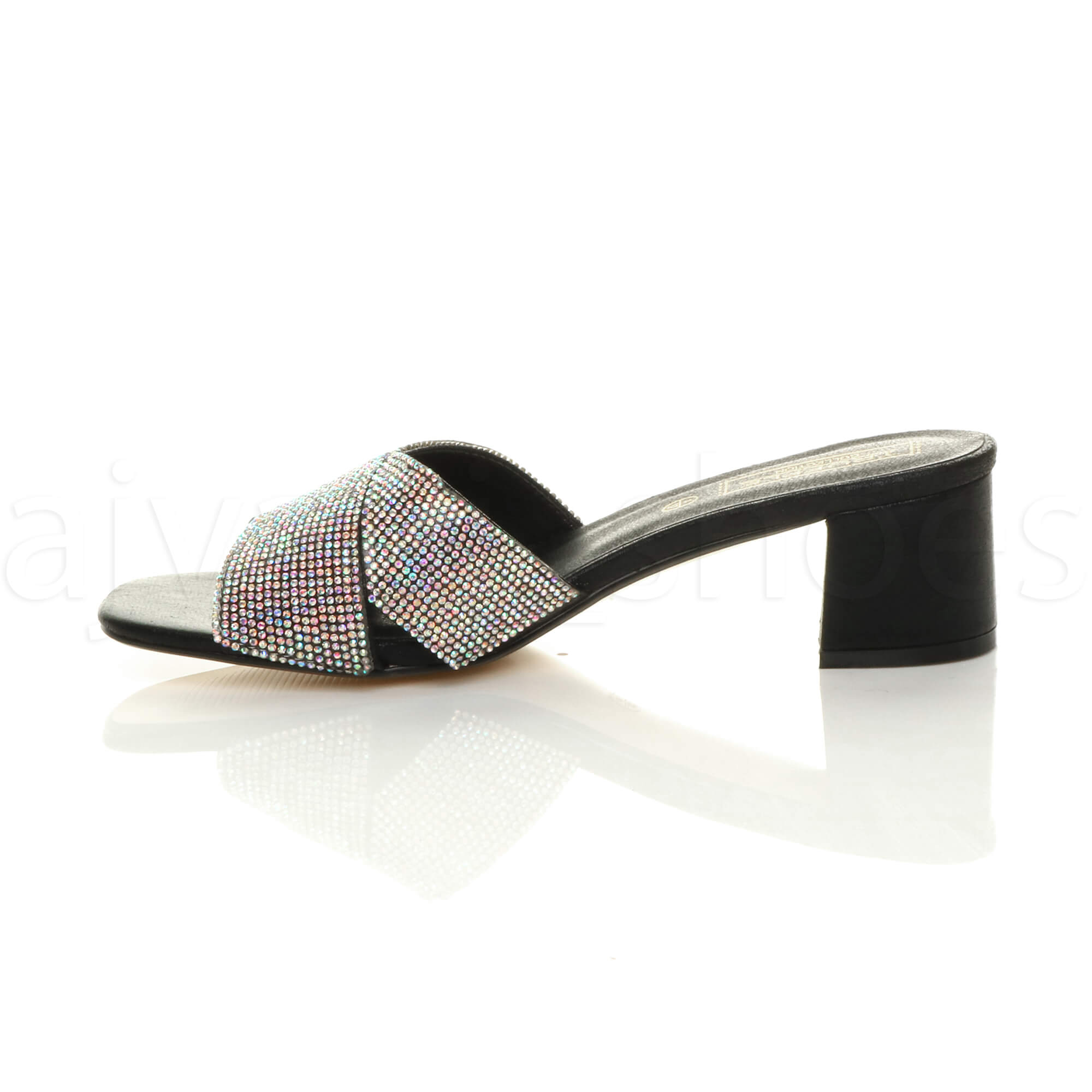 WOMENS LADIES MID BLOCK HEEL DIAMANTE SUMMER HOLIDAY SLIP ON MULE SANDALS SIZE