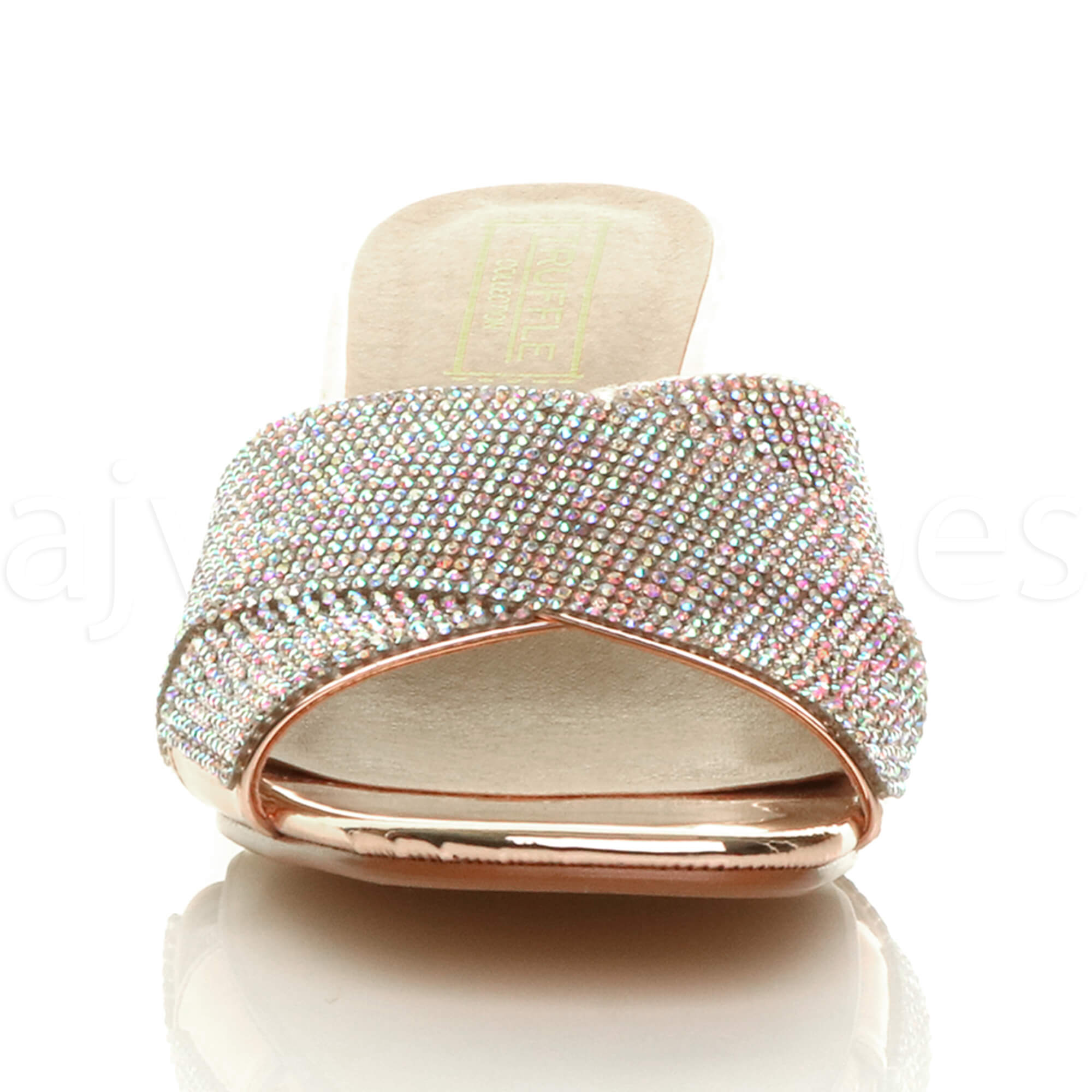 WOMENS LADIES MID BLOCK HEEL DIAMANTE SUMMER HOLIDAY SLIP ON MULE SANDALS SIZE