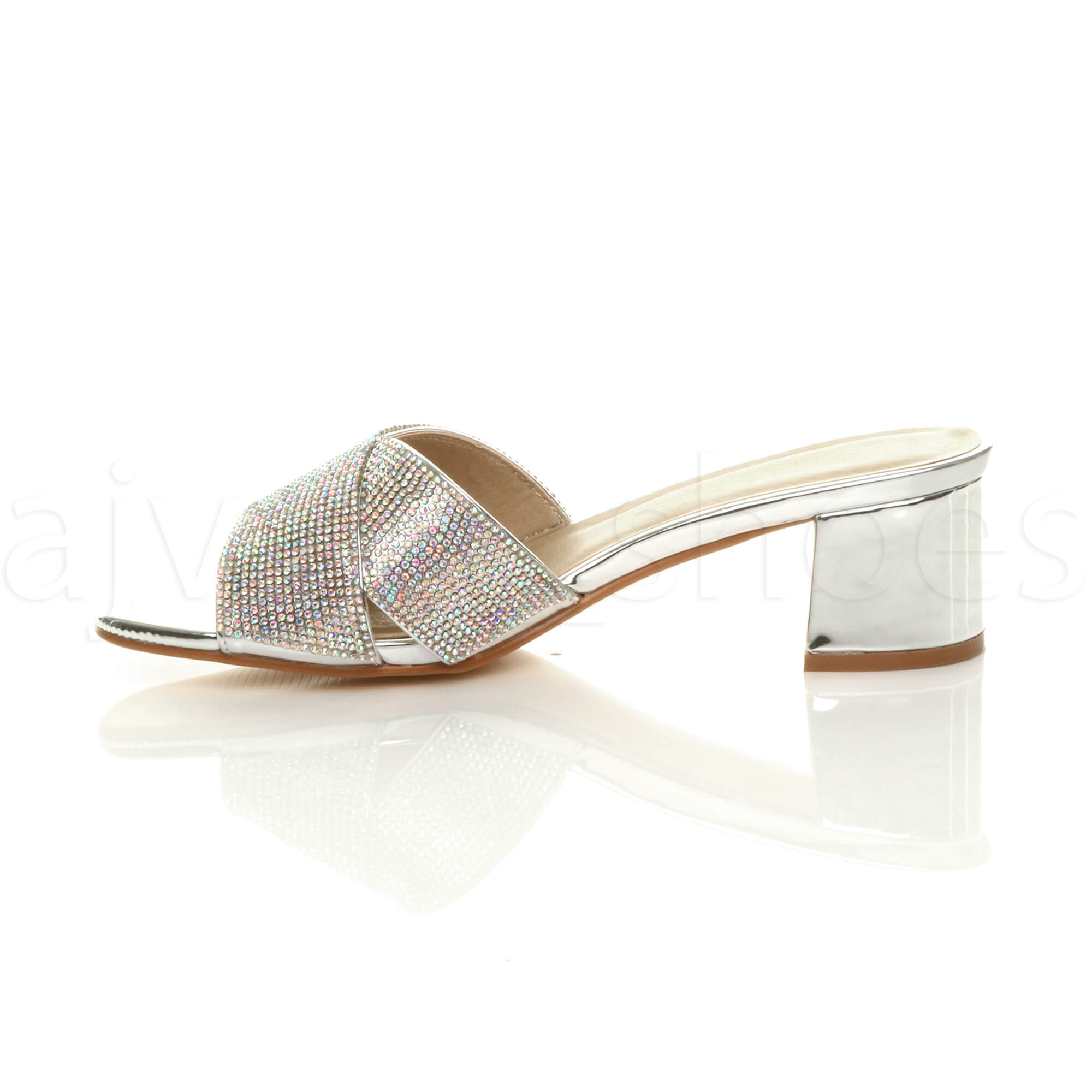 WOMENS LADIES MID BLOCK HEEL DIAMANTE SUMMER HOLIDAY SLIP ON MULE SANDALS SIZE