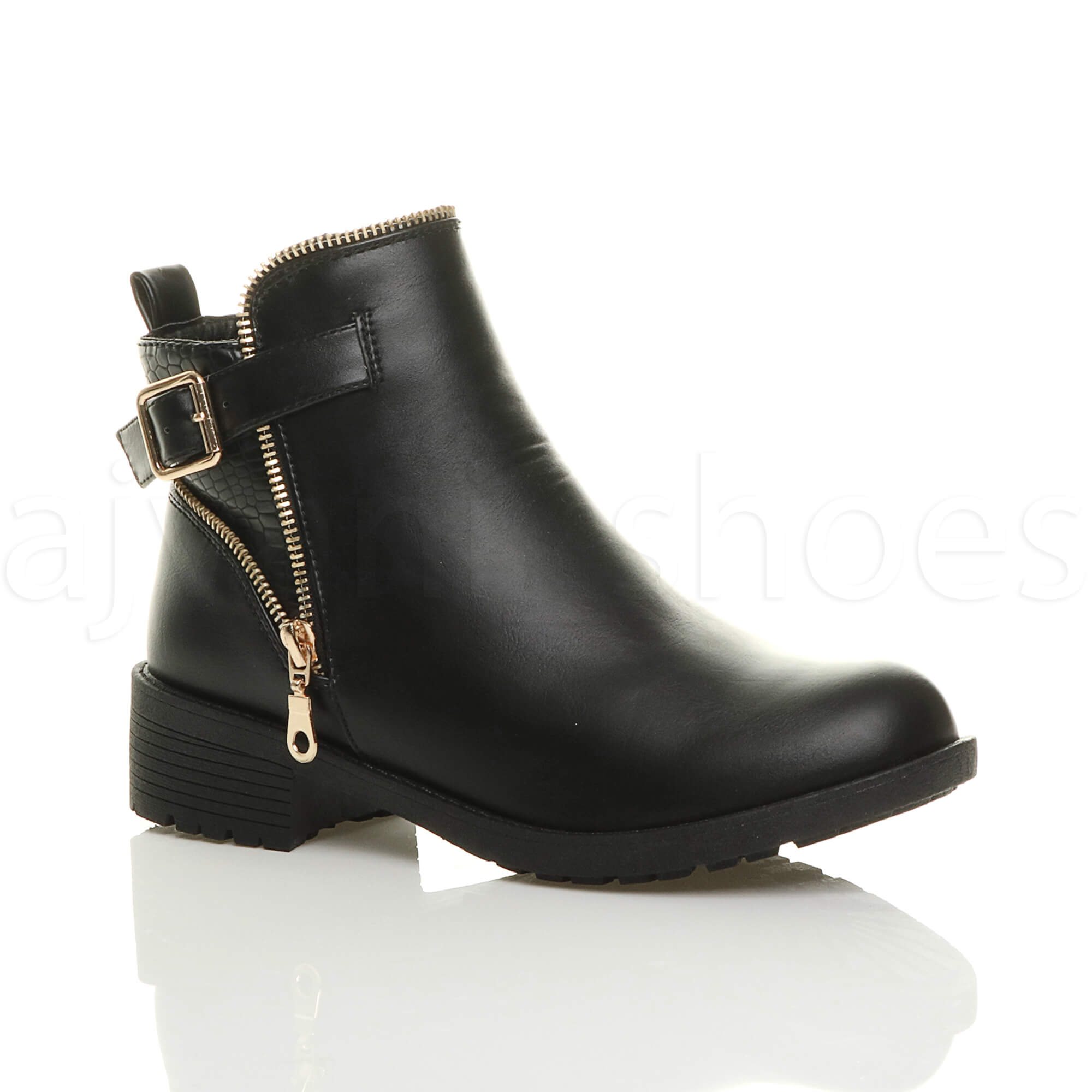 WOMENS LADIES CHUNKY LOW HEEL BUCKLE GOLD ZIP CHELSEA BIKER ANKLE BOOTS
