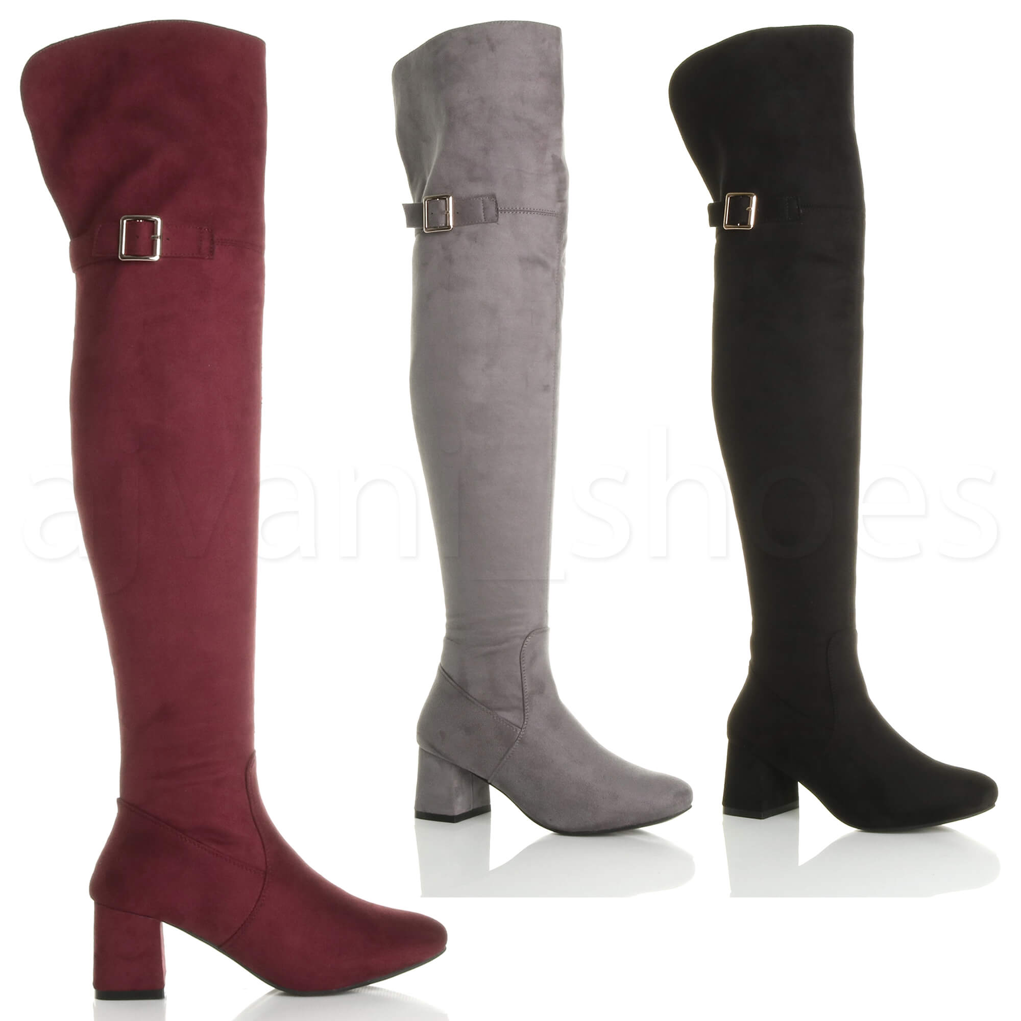 WOMENS LADIES BLOCK MID HEEL ZIP BUCKLE FOLD OVER CUFF OVER THE KNEE