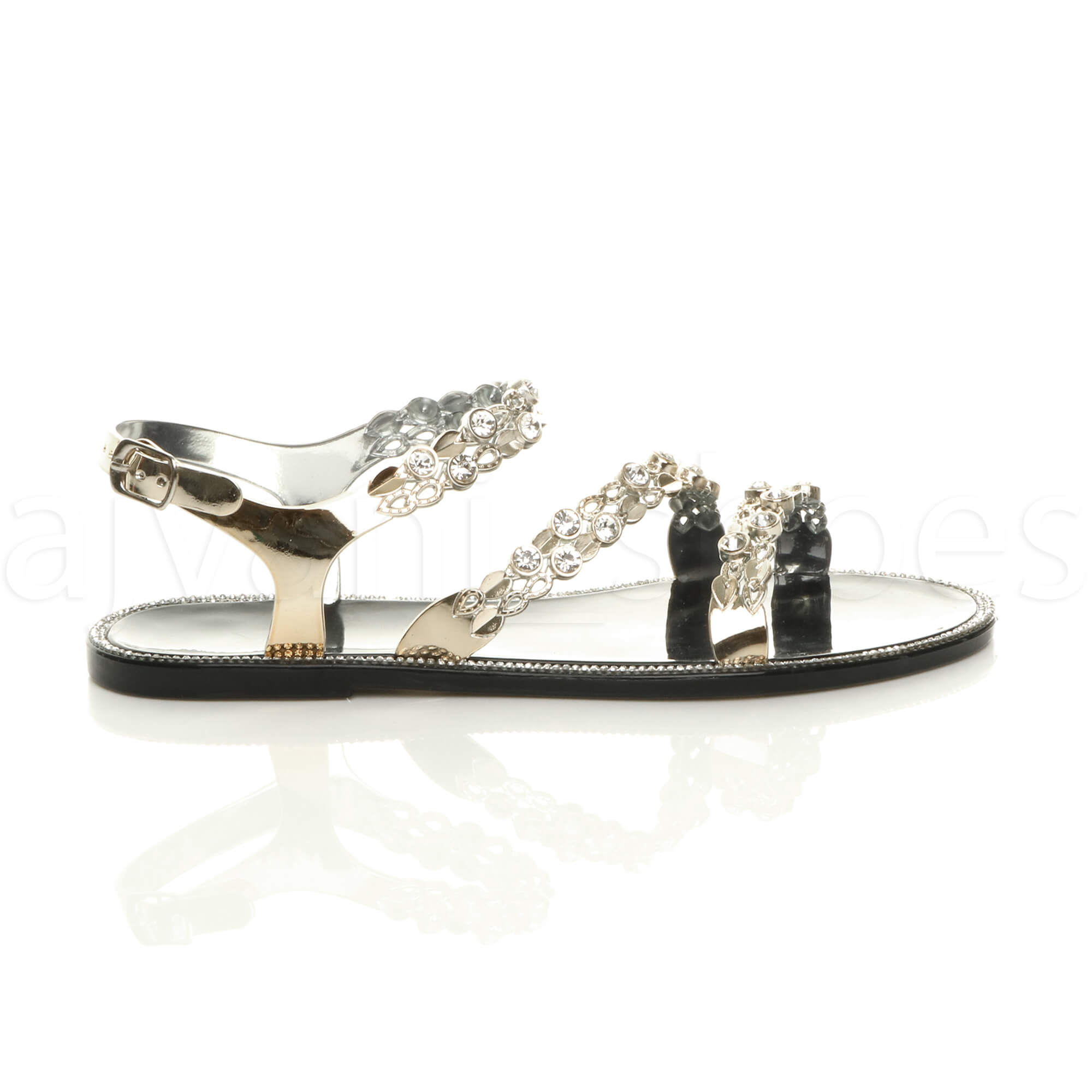 WOMENS LADIES FLAT DIAMANTE STRAPPY BUCKLE SUMMER JELLY BEACH SANDALS SIZE