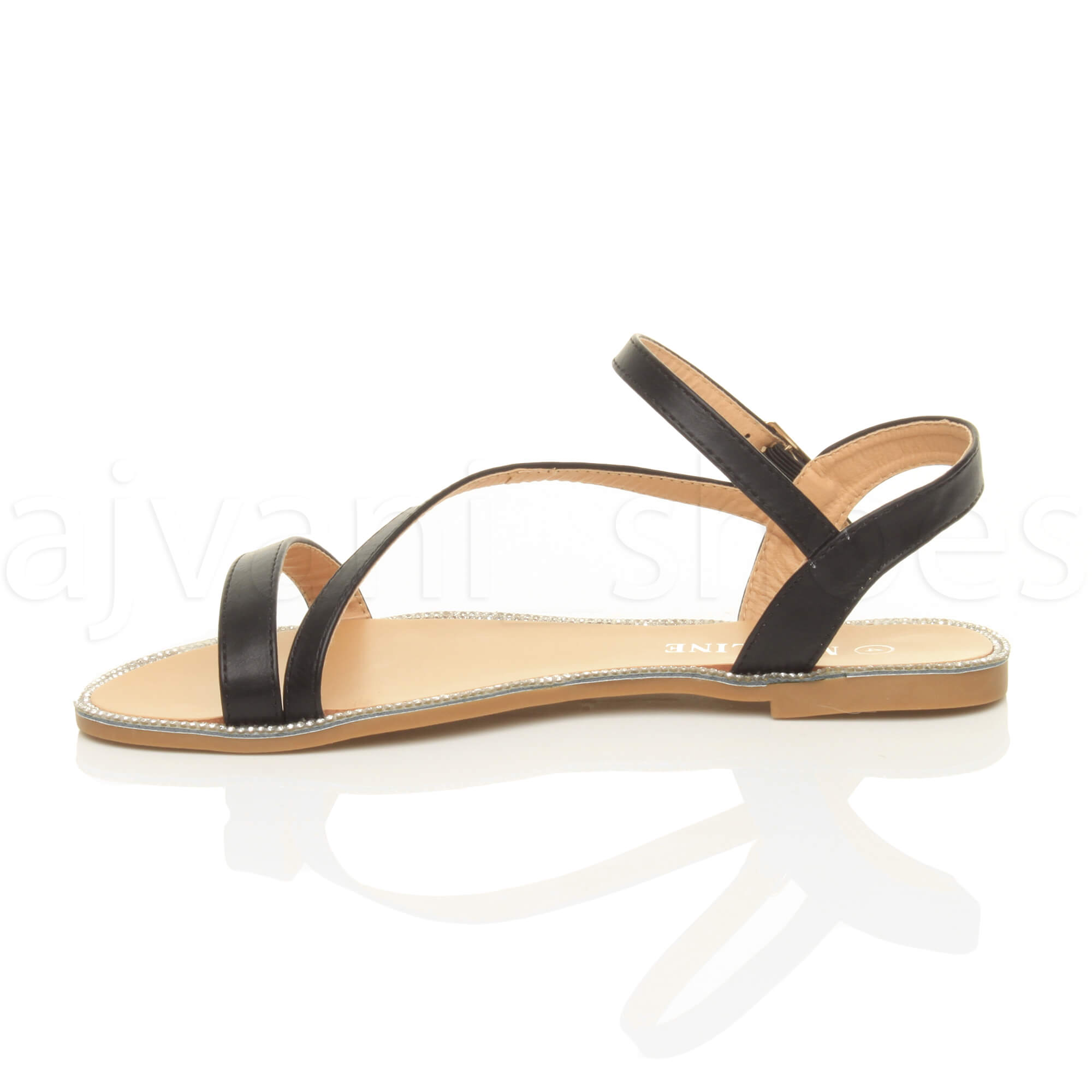 WOMENS LADIES FLAT STRAPPY BUCKLE DIAMANTE TRIM SUMMER EVENING SANDALS SIZE
