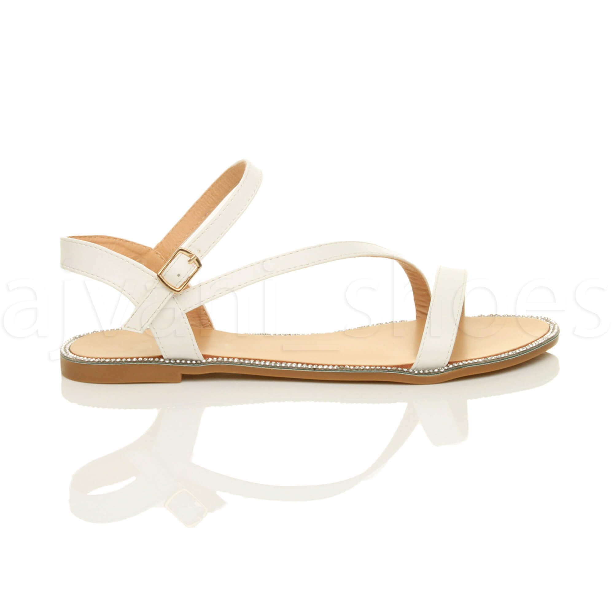 WOMENS LADIES FLAT STRAPPY BUCKLE DIAMANTE TRIM SUMMER EVENING SANDALS SIZE