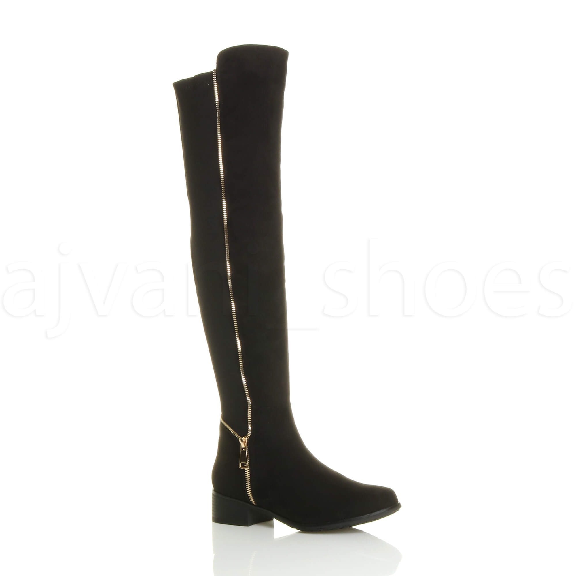 WOMENS LADIES HIGH OVER THE KNEE ELASTIC STRETCH PULL ON LOW HEEL BOOTS SIZE