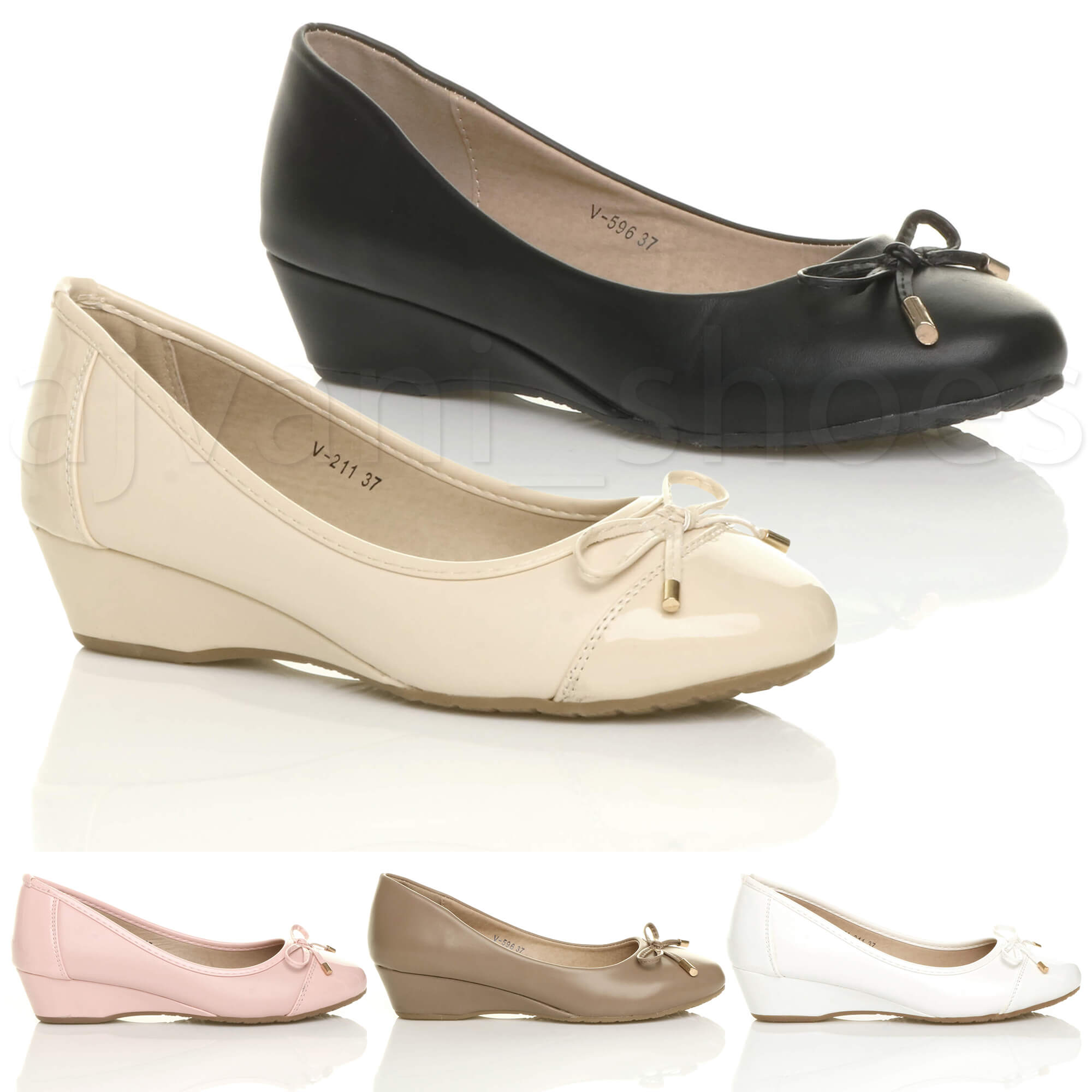 WOMENS LADIES LOW MID HEEL WEDGE BOW SMART WORK DOLLY BALLERINA COURT