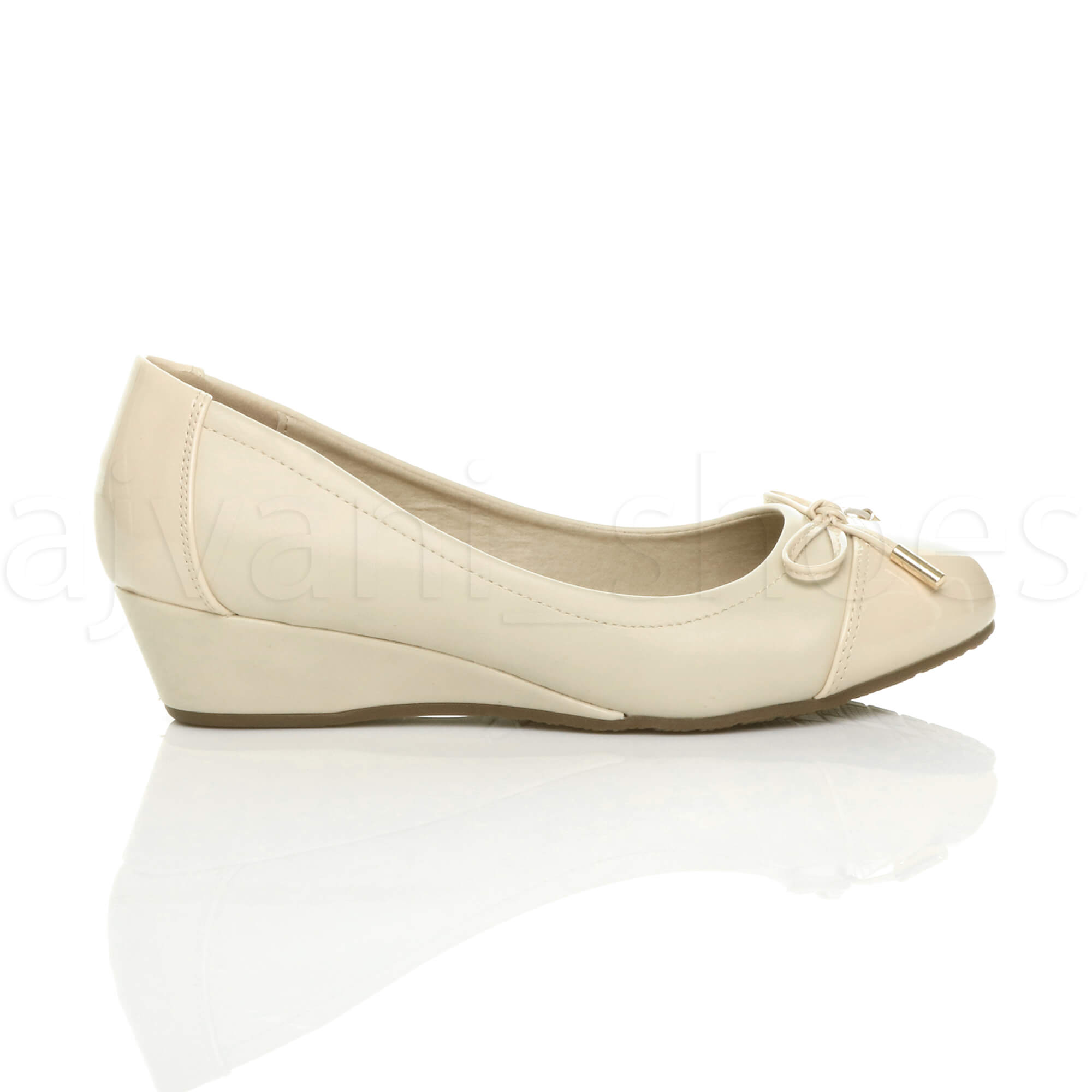 WOMENS LADIES LOW Mid Heel Wedge Bow Smart Work Dolly Ballerina Court