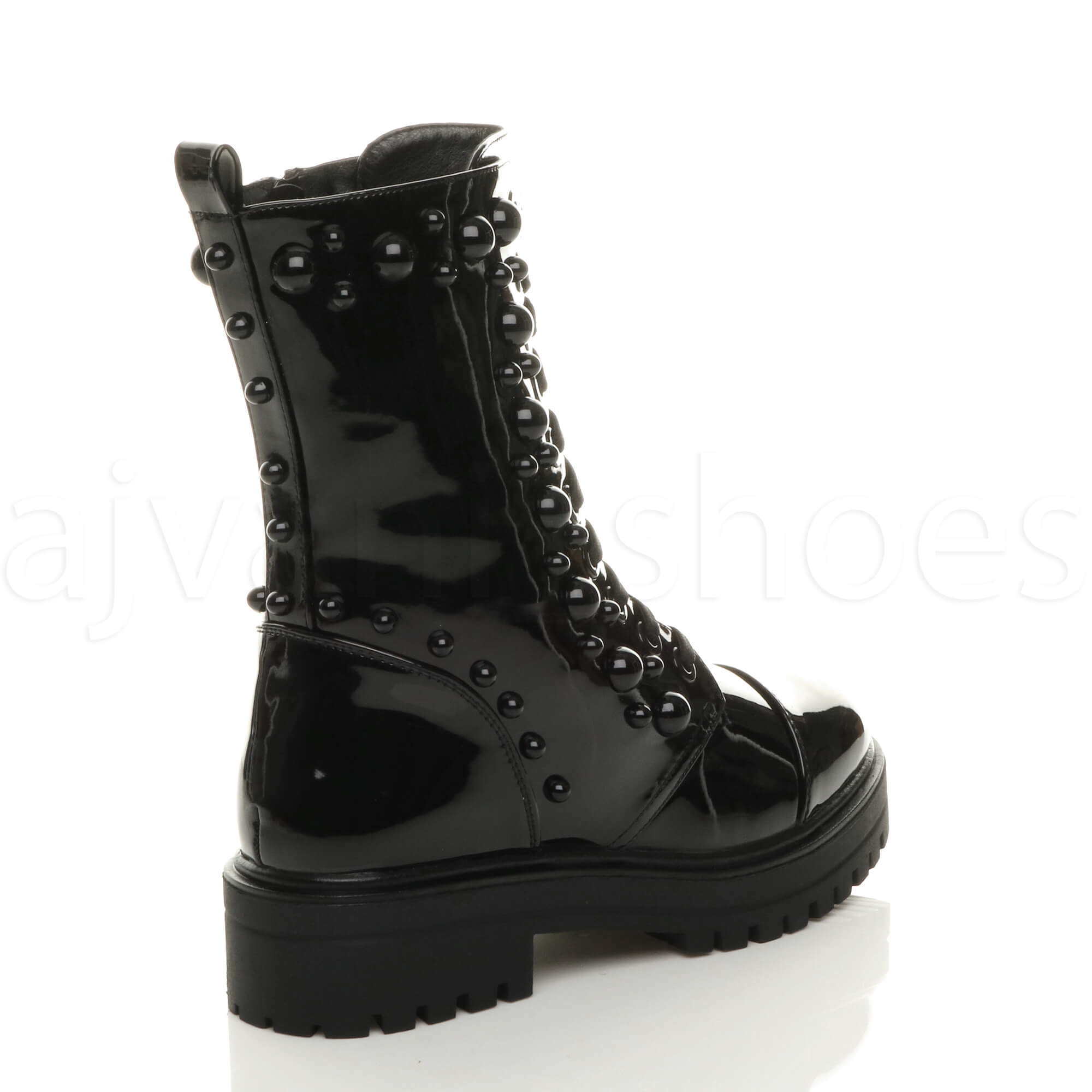 WOMENS LADIES MID BLOCK HEEL STUDDED ZIP MILITARY COMBAT ANKLE BOOTS