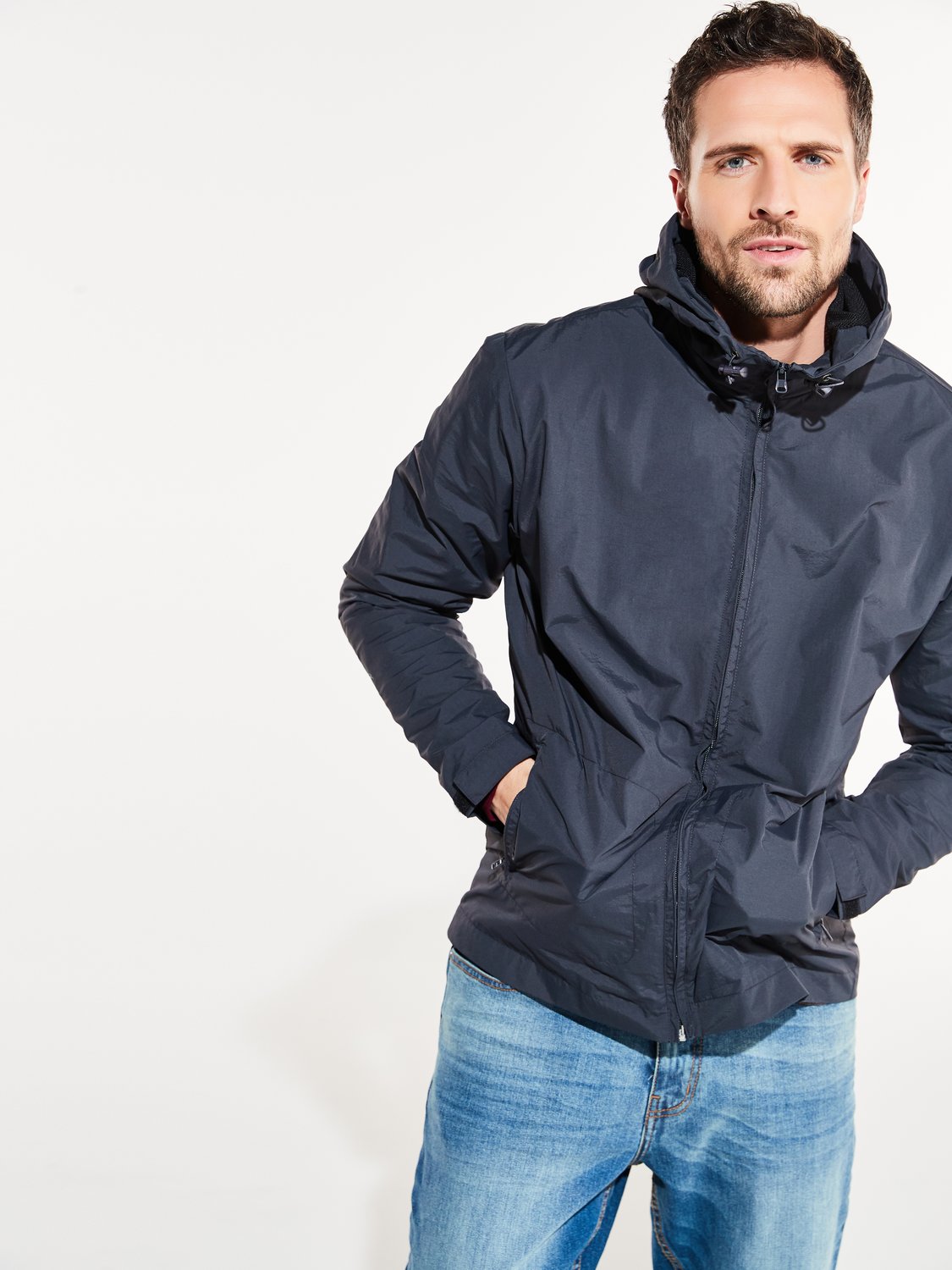 Image of Mens dark grey windbreaker jacket shower resistant long sleeve zip front pockets hooded - Grey