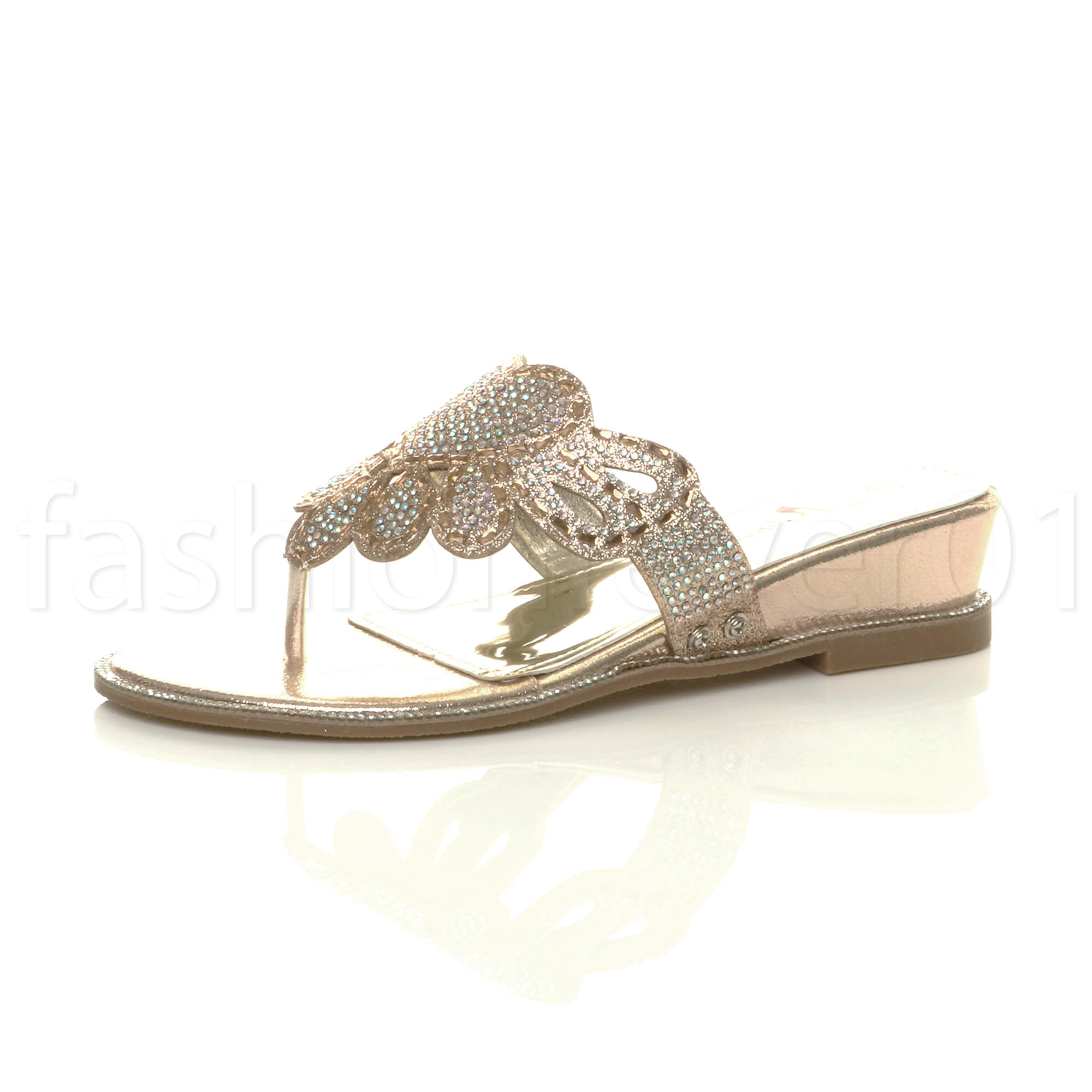 WOMENS LADIES MID HEEL WEDGE TOE POST DIAMANTE CUT OUT MULES SANDALS SIZE 4 37 | eBay