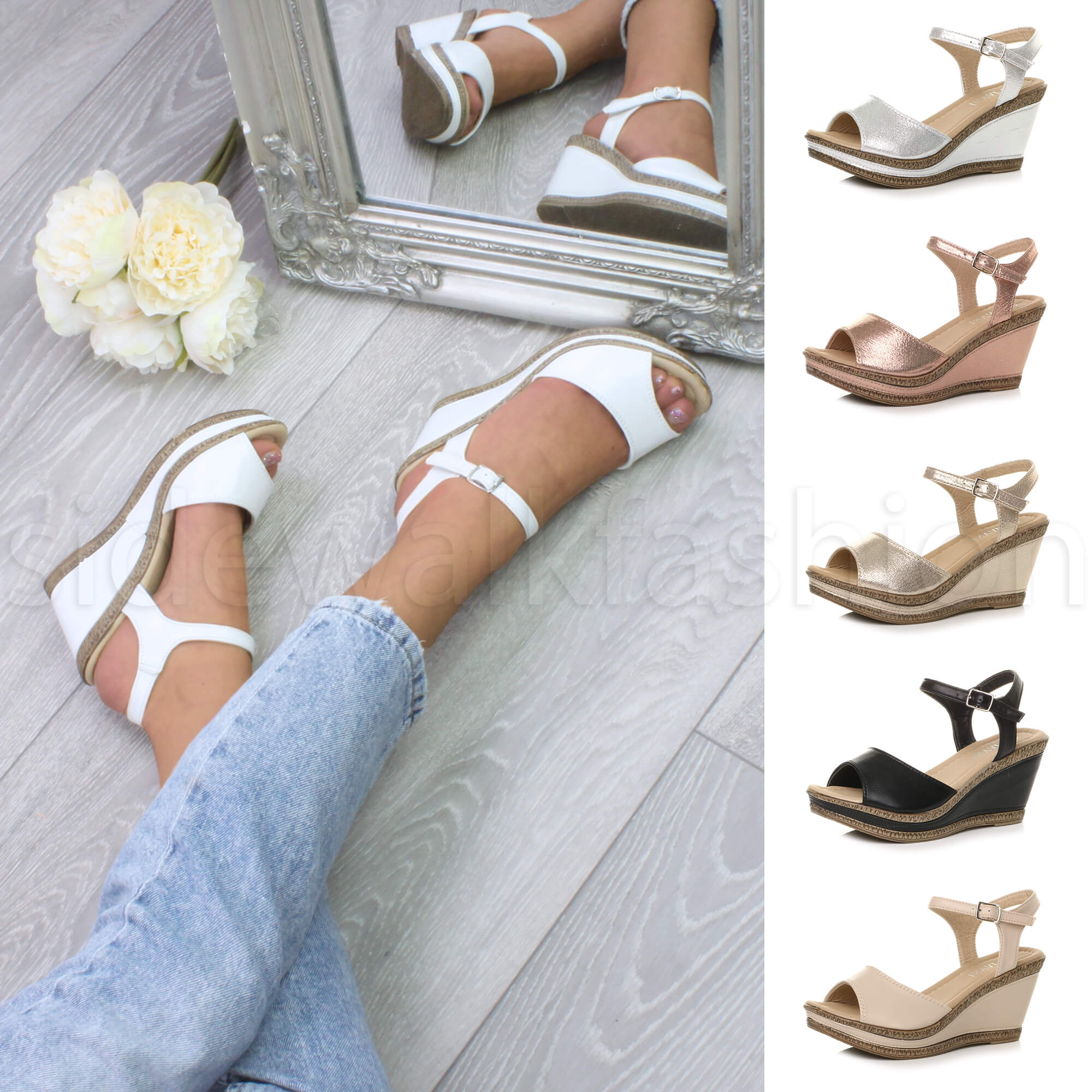 Womens ladies high heel buckle espadrille cork platform wedges sandals size