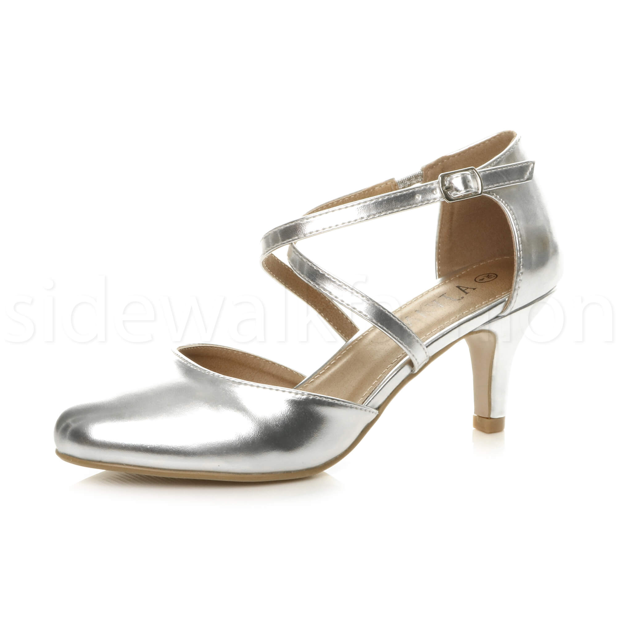 Womens ladies mid high heel crossed straps bridesmaid wedding sandals ...