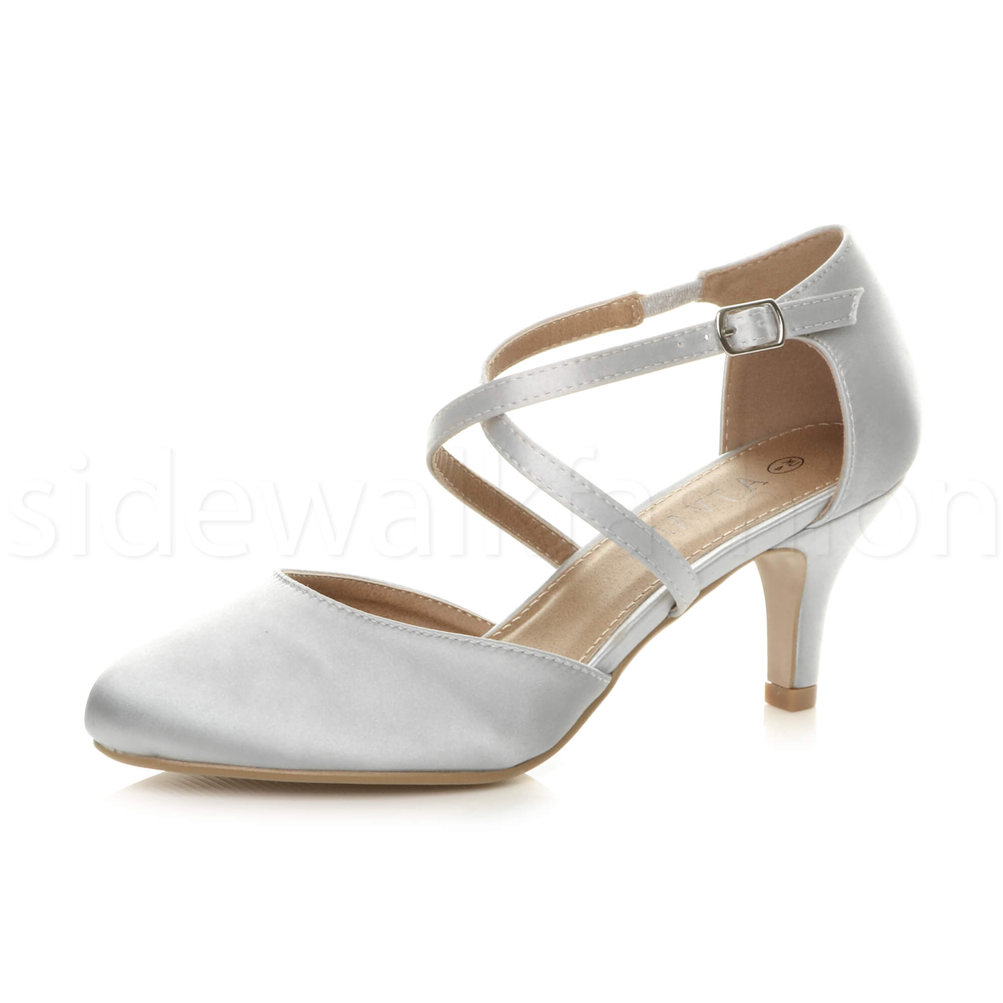 Womens ladies mid high heel crossed straps bridesmaid wedding sandals shoes size