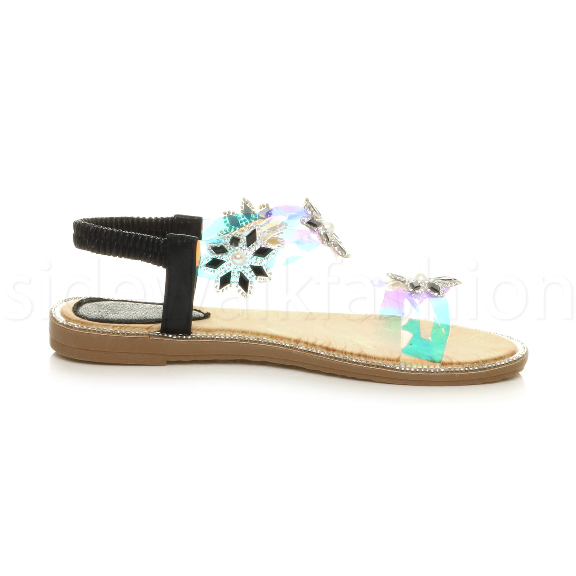 Womens ladies slingback diamante flower clear iridescent T-bar sandals size
