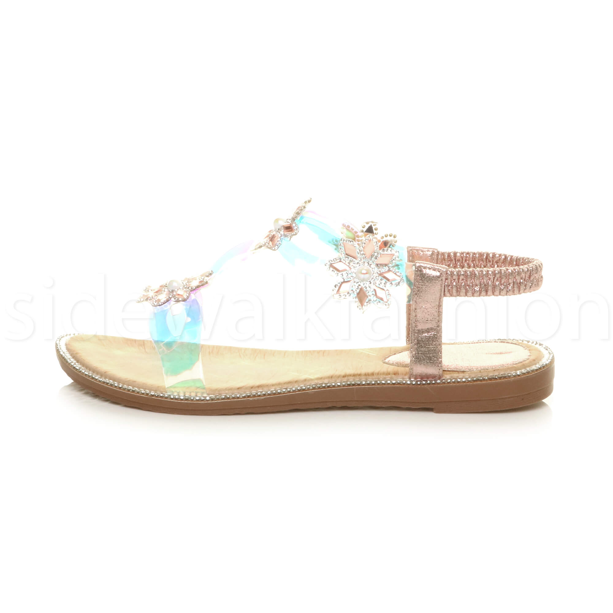Womens ladies slingback diamante flower clear iridescent T-bar sandals size