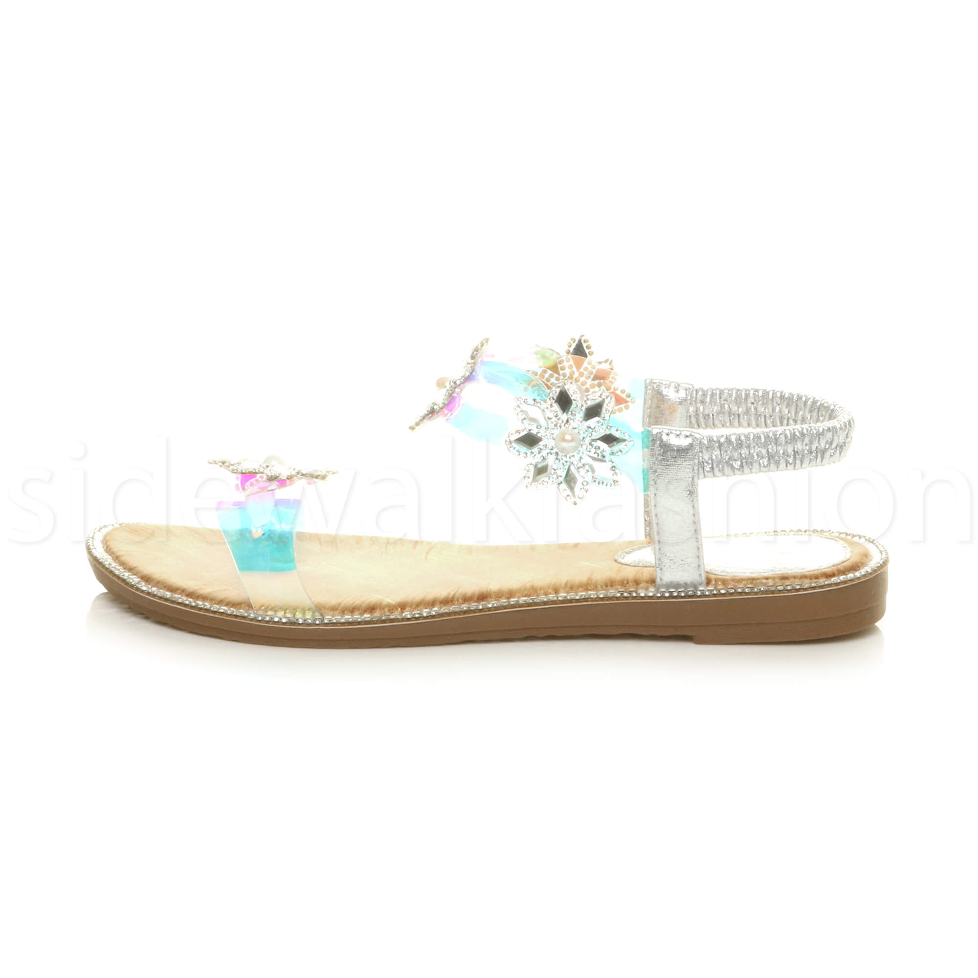 Womens ladies slingback diamante flower clear iridescent T-bar sandals size
