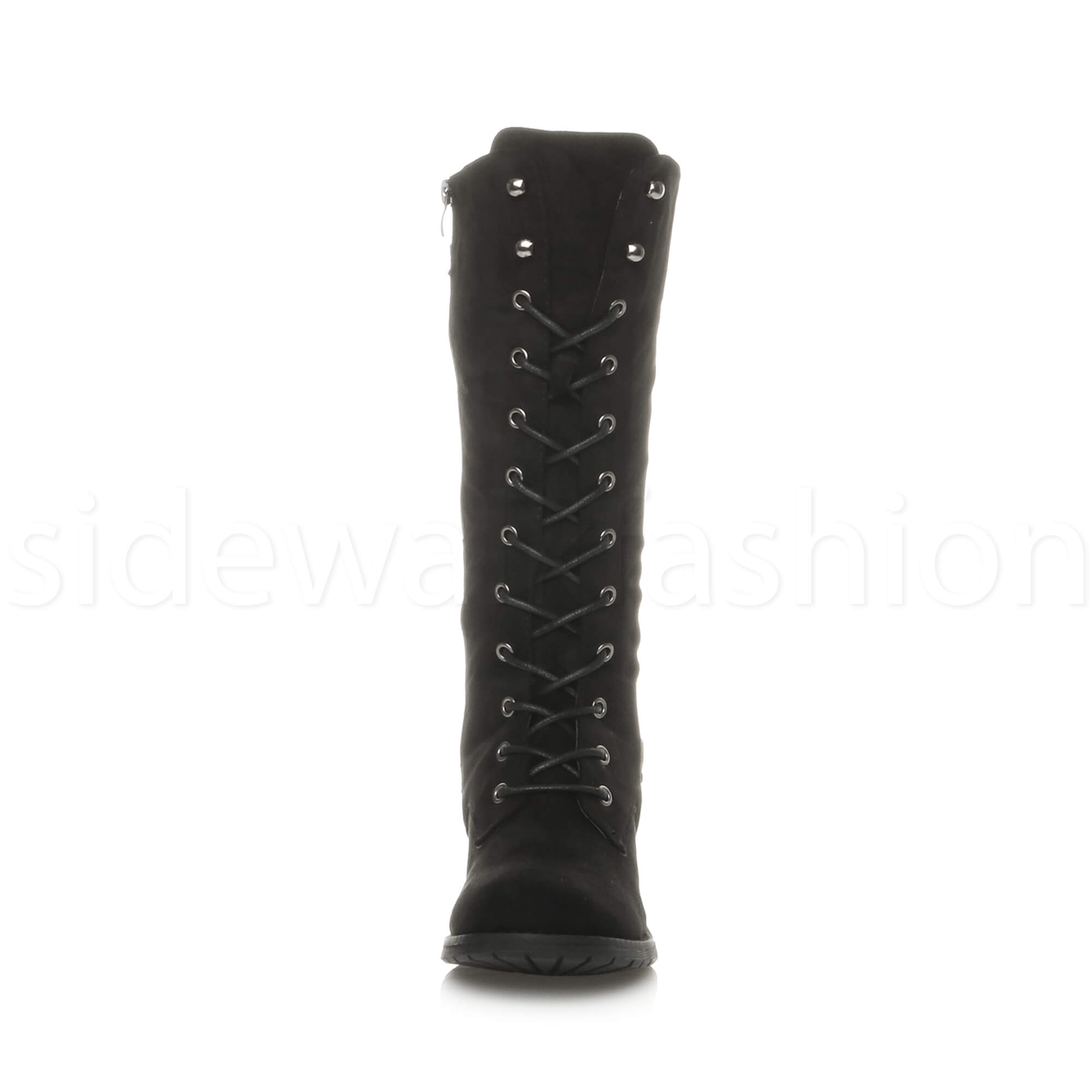 Womens ladies low heel buckle eyelet lace up military biker calf boots size