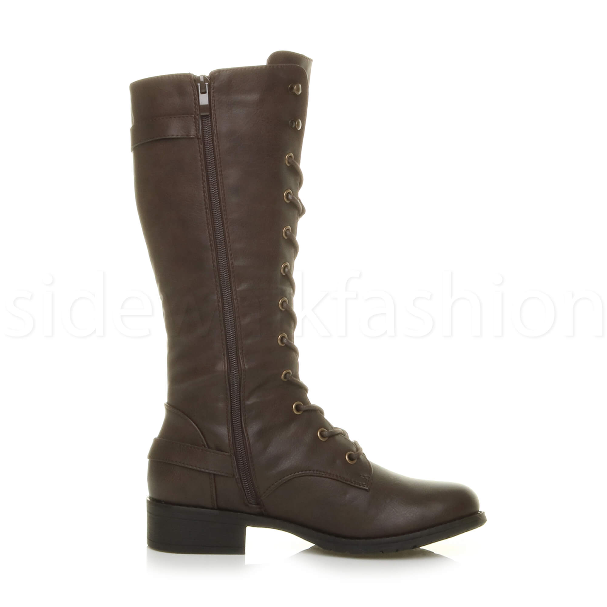 Womens ladies low heel buckle eyelet lace up military biker calf boots size