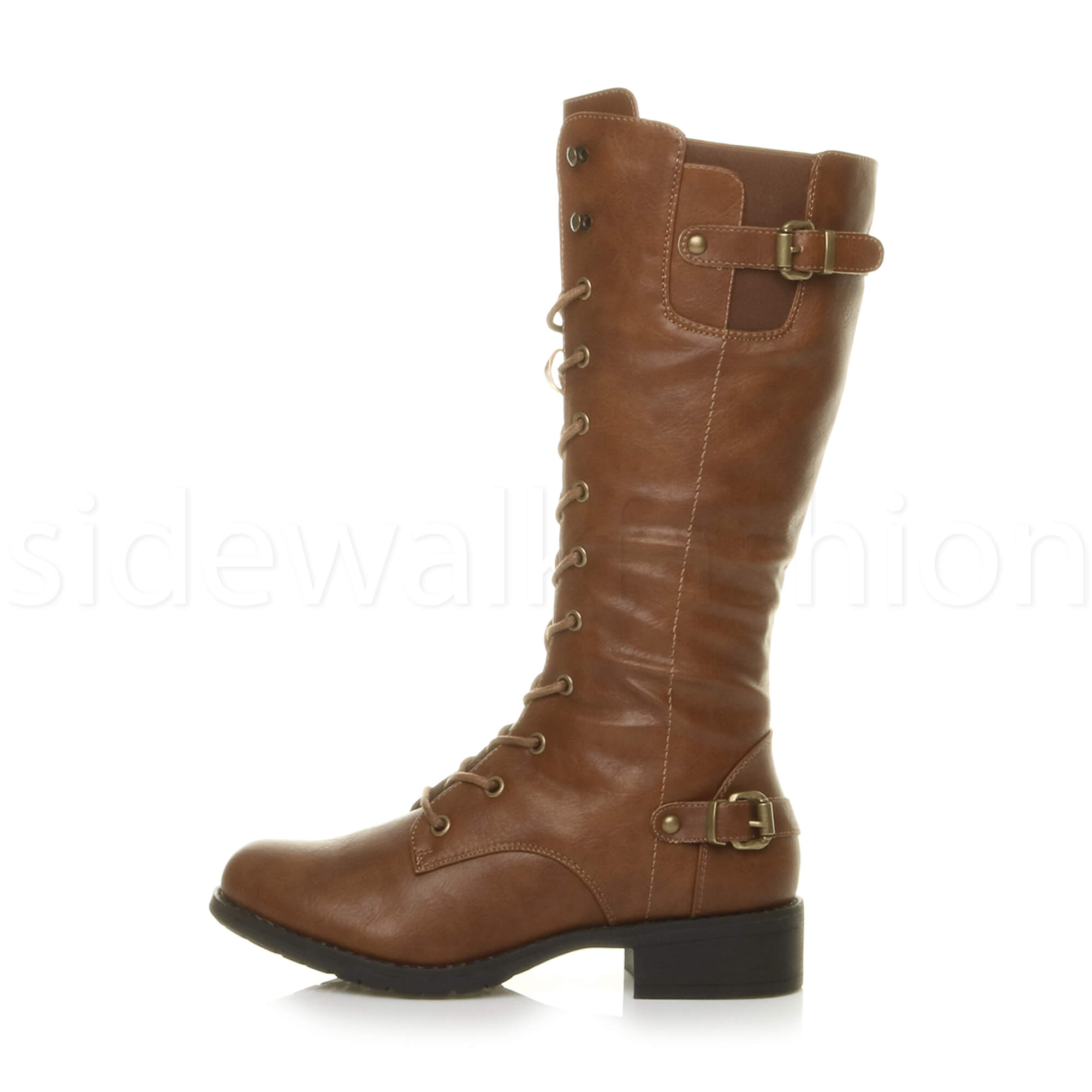 Womens ladies low heel buckle eyelet lace up military biker calf boots size