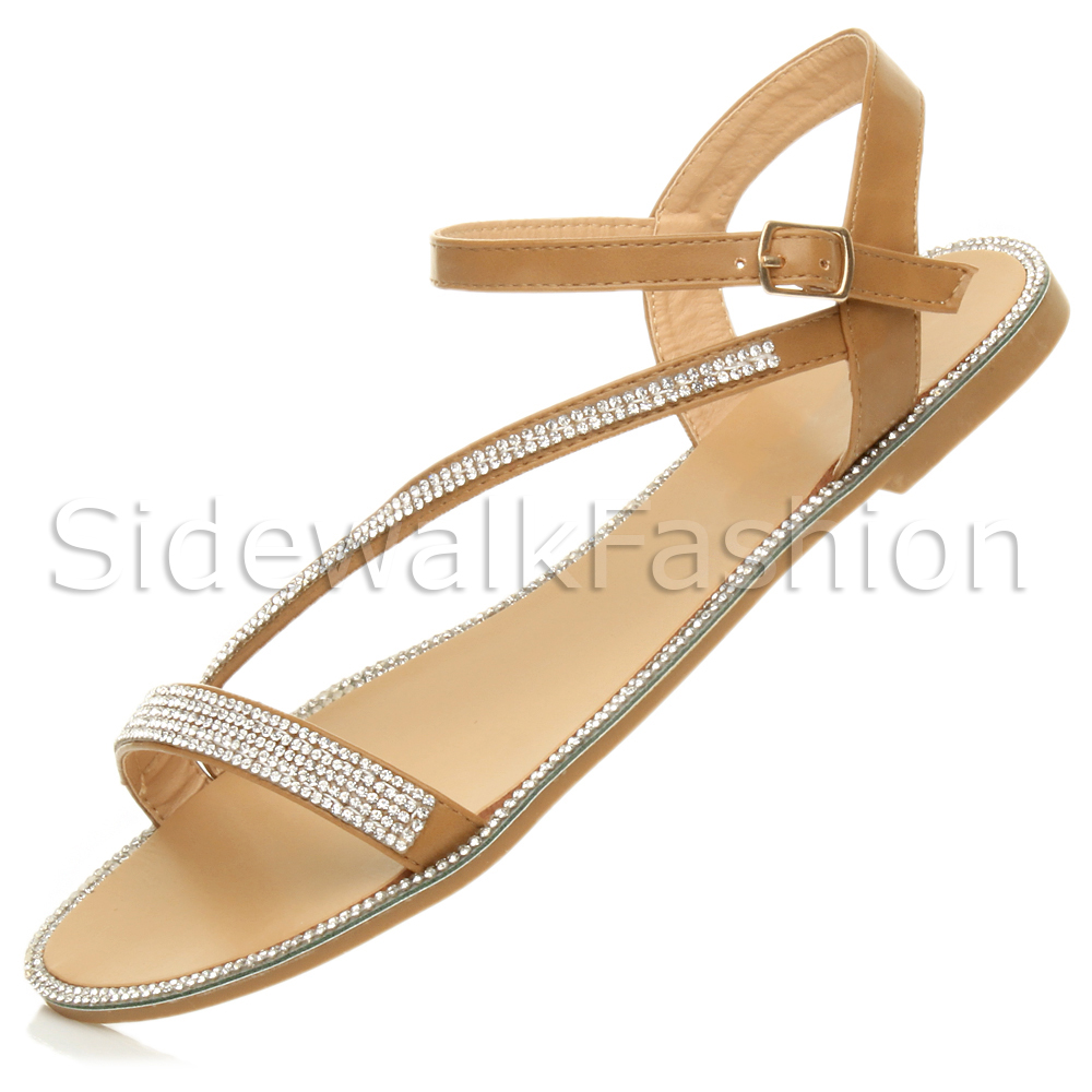 Womens ladies flat strappy diamante edge summer holiday evening sandals size